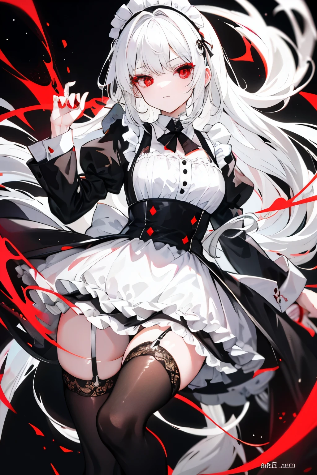 1girll, White hair, Maid dressed in black stockings, underdressing,red eyes