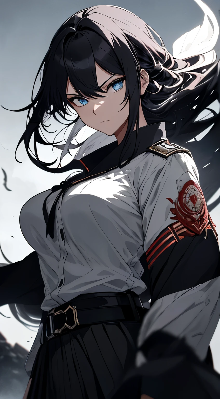 Japanese Katana Sword、Samurai sword、Full body、White one-piece military uniform、 Jet black head of hair,(masutepiece:1.2, Best Quality), (finely detailed beautiful eye: 1.2), (Detailed background,Dark Fantasy), (beautifull detailed face), High contrast, (Best Illumination, extremely delicate and beautiful), ((Cinematic Light)), Colorful, Hyper Detail, Dramatic light, Intricate details,Very blue eyes, Shining eyes, long hair flowing with the wind、large full breasts、Belt under the chest、White military uniform, skirt by the, large full breasts, Long hair fluttering in the wind, swords, jet-black hair, Blue eyes, Black tie, Belt under the chest, Serious look,