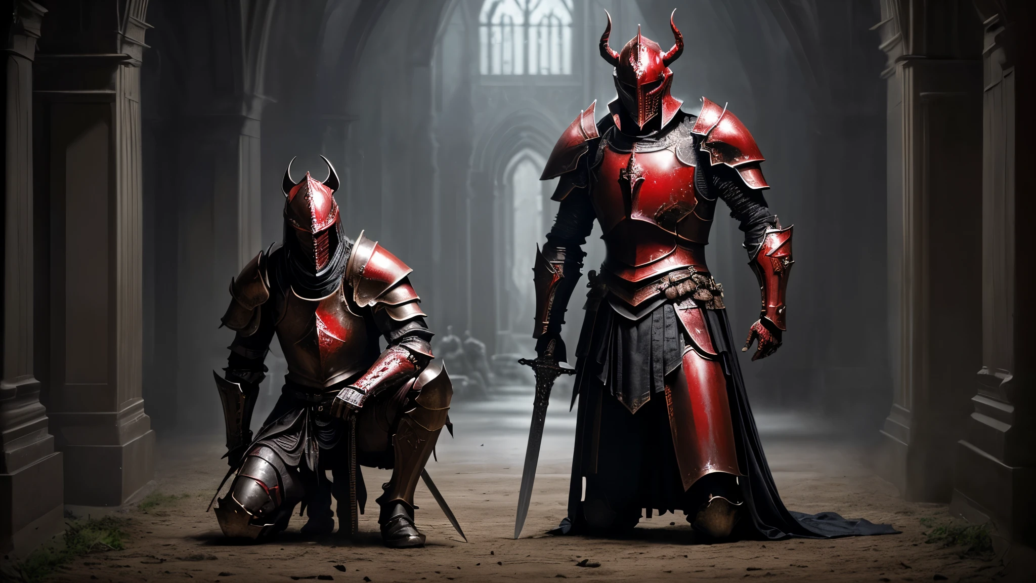 (Best quality,4K,8K,A high resolution,Masterpiece:1.2),Ultra-detailed,(Realistic,Photorealistic,photo-realistic:1.37),A sword-wielding demon armor warrior stood in the hall, Full body portrait of the mysterious knight, Wearing heavy armor,A sacred warrior wielding a legendary sword, Mythical warriors in full-body armor, A golden knight with divine armor, The helmet is decorated with the devil's horns, The eyes glow blood-red, Concept art for glorious figures, Crimson Armor Knight, Epic Paladin armor, Holy medieval knight, Kneel on one knee, Blades embedded in the earth, submission, Full body shot.