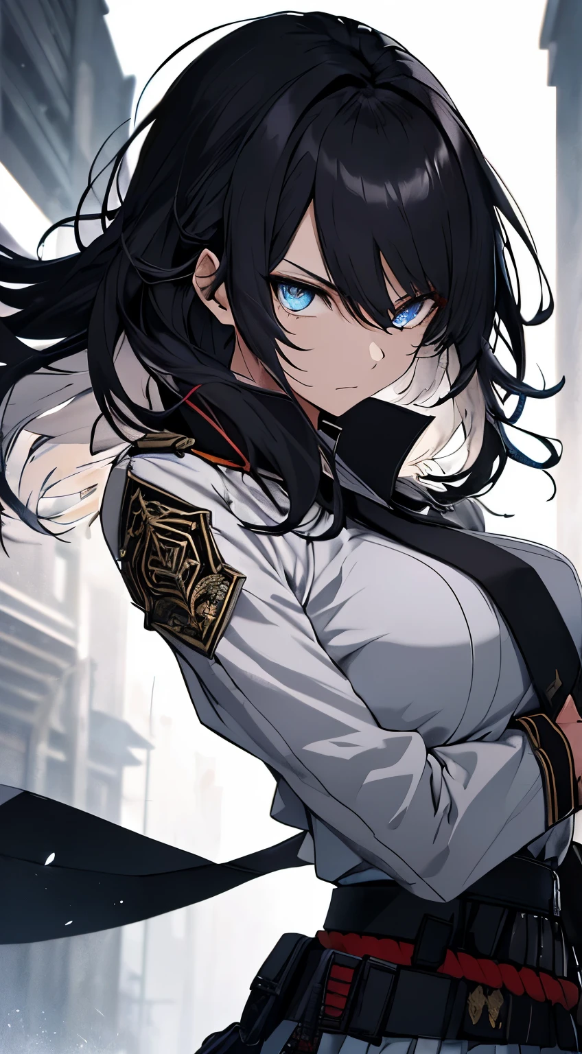Japanese Katana Sword、Samurai sword、Full body、White one-piece military uniform、 Jet black head of hair,(masutepiece:1.2, Best Quality), (finely detailed beautiful eye: 1.2), (Detailed background,Dark Fantasy), (beautifull detailed face), High contrast, (Best Illumination, extremely delicate and beautiful), ((Cinematic Light)), Colorful, Hyper Detail, Dramatic light, Intricate details,Very blue eyes, Shining eyes, long hair flowing with the wind、large full breasts、Belt under the chest、White military uniform, skirt by the, large full breasts, Long hair fluttering in the wind, swords, jet-black hair, Blue eyes, Black tie, Belt under the chest, Serious look,