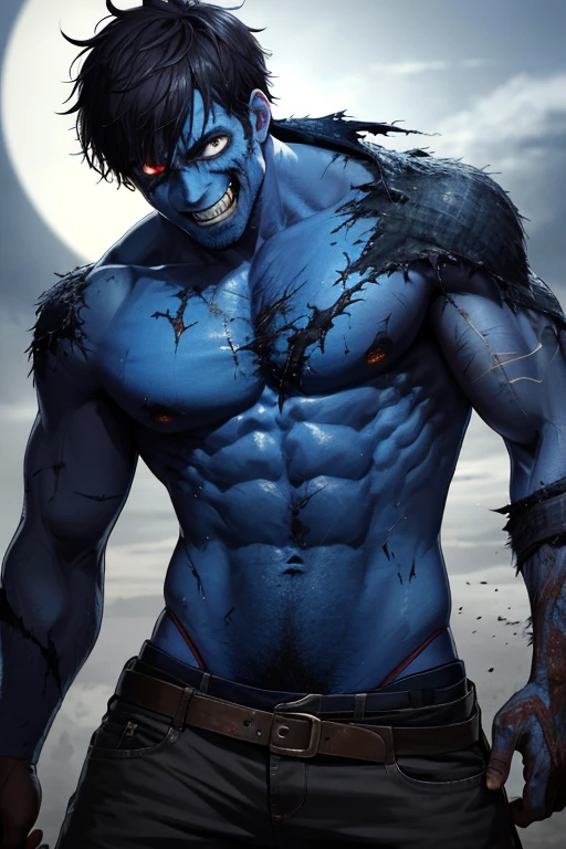 masterpiece, best quality, highres, realistic,1man, zombie,blue skin,scar,muscular,black hair,dirty face,dirty,full moon, evil smile,torn clothes,depth of field,