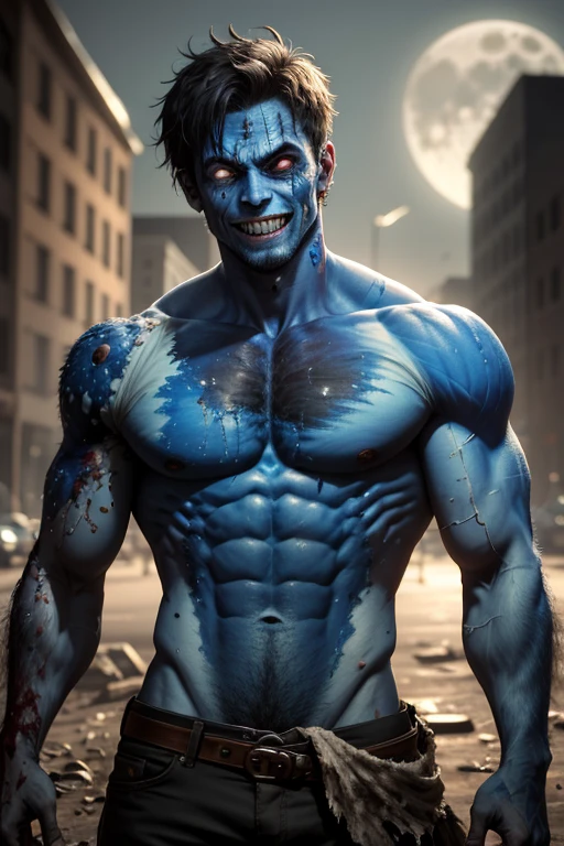 masterpiece, best quality, highres, realistic,1man, zombie,blue skin,scar,muscular,black hair,dirty face,dirty,full moon, evil smile,torn clothes,depth of field,