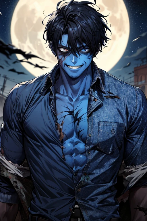 masterpiece, best quality, highres, realistic,1man, zombie,blue skin,scar,muscular,black hair,dirty face,dirty,full moon, evil smile,torn clothes,depth of field,