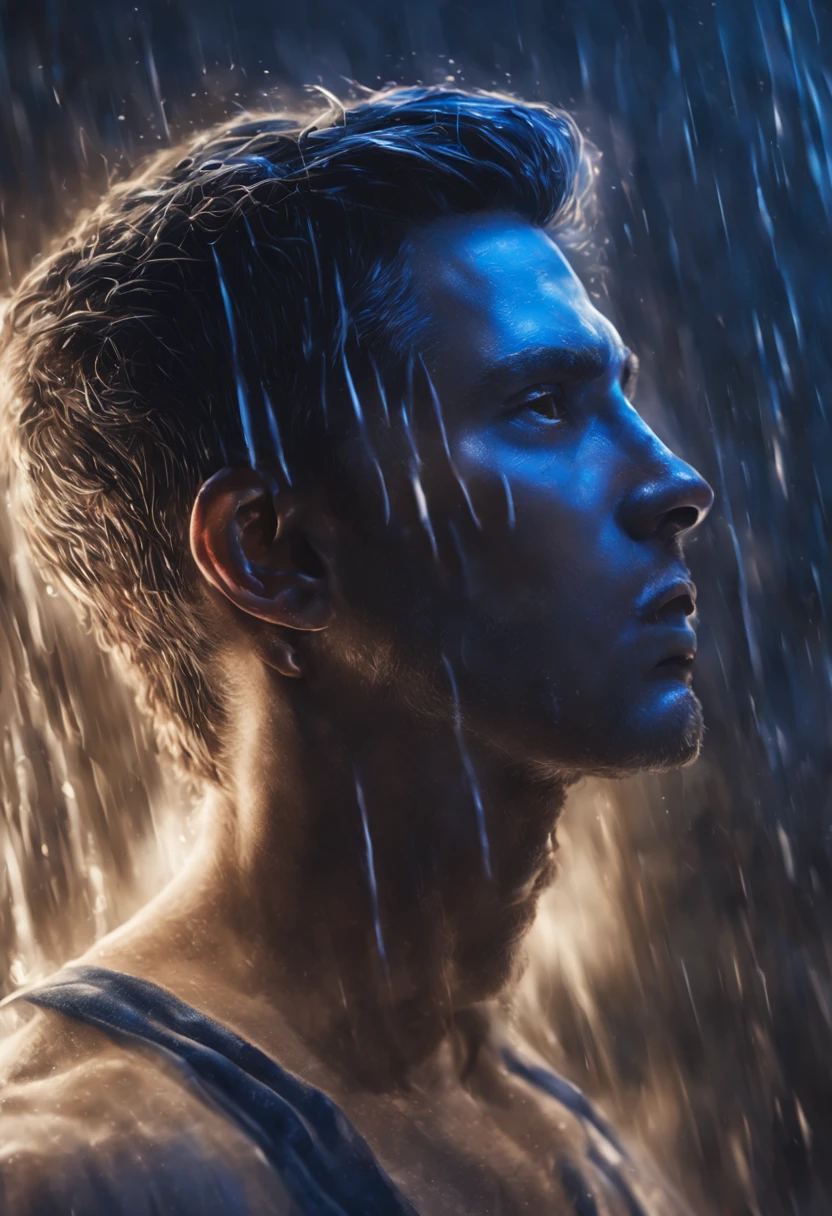masterpiece, bestquality, highres, Realistic, Portrait of a man of medium length.. , Tired face., Deep Groove Coat, It's raining, Wet weather, Soak wet skin, Raindrops, thunderstorm, Blade Runner, dystopia, science fiction, Biomechanical profile, The background is a Cyberpunk bedroom window overlooking Cyberpunk City Night View.., Bright neon lights, Dark Building., flirt, Tight waist, Hip bones, fully naked., Big pecs, pale skin, Pull down the tights..,Short black hair,