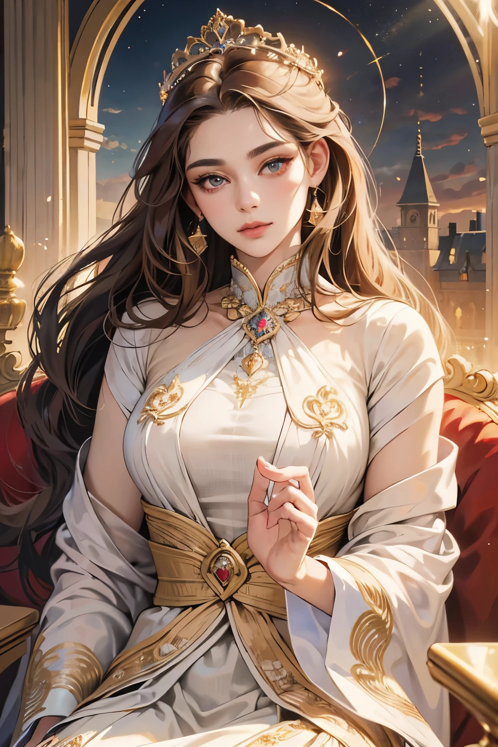 (best quality,4k,8k,highres,masterpiece:1.2), ultra-detailed, (realistic,photorealistic,photo-realistic:1.37), mature female, light brown hair, beautiful detailed lips, throne, heartbeat, heart mark, elegant dress, confident posture, soft lighting, regal atmosphere, subtle smile, intricate details, vibrant colors, classic portrait style, captivating expression, peaceful background, gentle breeze, majestic aura, tranquil ambiance, radiant energy, ethereal beauty, soulful eyes, enchanting presence, timeless charm, graceful movements, refined features, captivating gaze, delicate facial features, emotional depth, regal presence, aura of power and authority, intricate patterns, elegant embellishments, polished composition, crown, confident and strong personality, air of elegance and sophistication, stunning realism, heart symbol, mesmerizing artwork, captivating beauty, expressive eyes, noble demeanor, serene atmosphere, mesmerizing beauty, heart-shaped motif, mesmerizing gaze, royal lineage, alluring charm, breathtaking presence