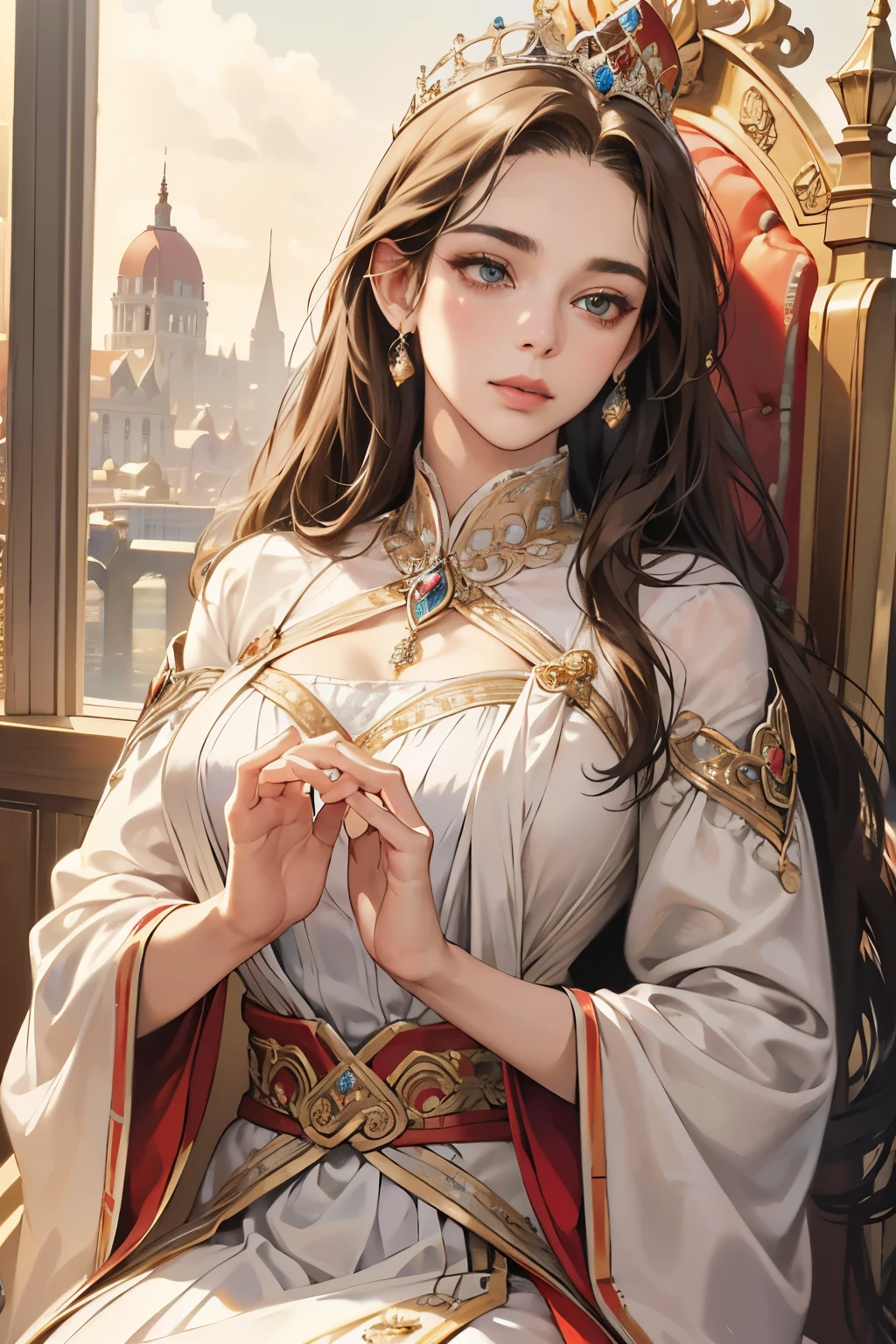 (best quality,4k,8k,highres,masterpiece:1.2), ultra-detailed, (realistic,photorealistic,photo-realistic:1.37), mature female, light brown hair, beautiful detailed lips, throne, heartbeat, heart mark, elegant dress, confident posture, soft lighting, regal atmosphere, subtle smile, intricate details, vibrant colors, classic portrait style, captivating expression, peaceful background, gentle breeze, majestic aura, tranquil ambiance, radiant energy, ethereal beauty, soulful eyes, enchanting presence, timeless charm, graceful movements, refined features, captivating gaze, delicate facial features, emotional depth, regal presence, aura of power and authority, intricate patterns, elegant embellishments, polished composition, crown, confident and strong personality, air of elegance and sophistication, stunning realism, heart symbol, mesmerizing artwork, captivating beauty, expressive eyes, noble demeanor, serene atmosphere, mesmerizing beauty, heart-shaped motif, mesmerizing gaze, royal lineage, alluring charm, breathtaking presence