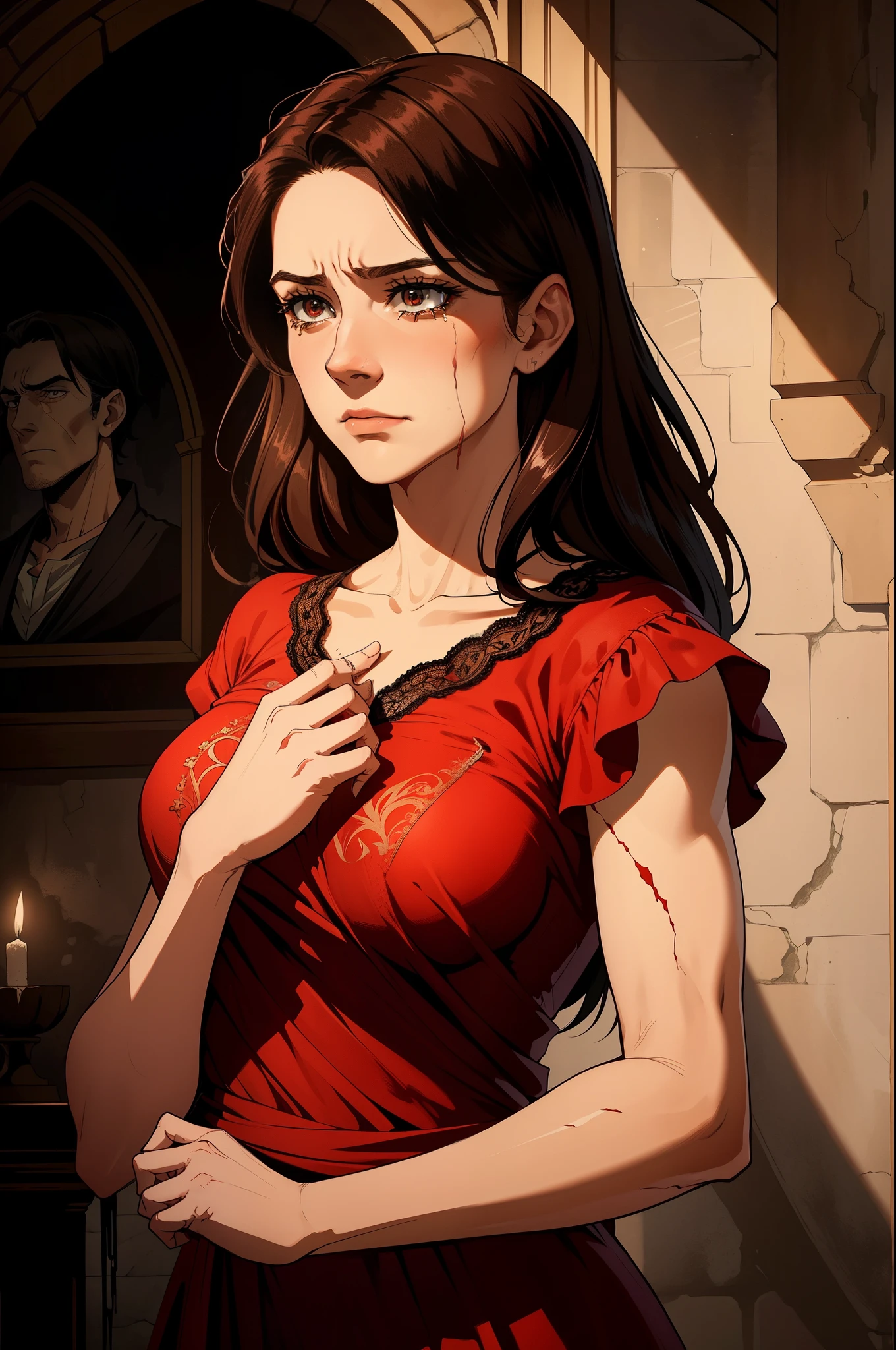 Broken sword ominously stuck in the chest of a friend's distressed wife, dressed in an elegant red gown with white lace details. Her long, dark hair was disheveled, and her wide, fear-stricken eyes were filled with tears. Her husband, clad in a tattered and bloodied tunic, held her hand, his face etched with deep concern and anguish. The scene took place in an dimly lit, medieval castle chamber, the stone walls adorned with intricate etchings. A faded, dusty tapestry hung on the wall behind them, depicting heroic knights and mythical creatures. The atmosphere was heavy with mystery and impending