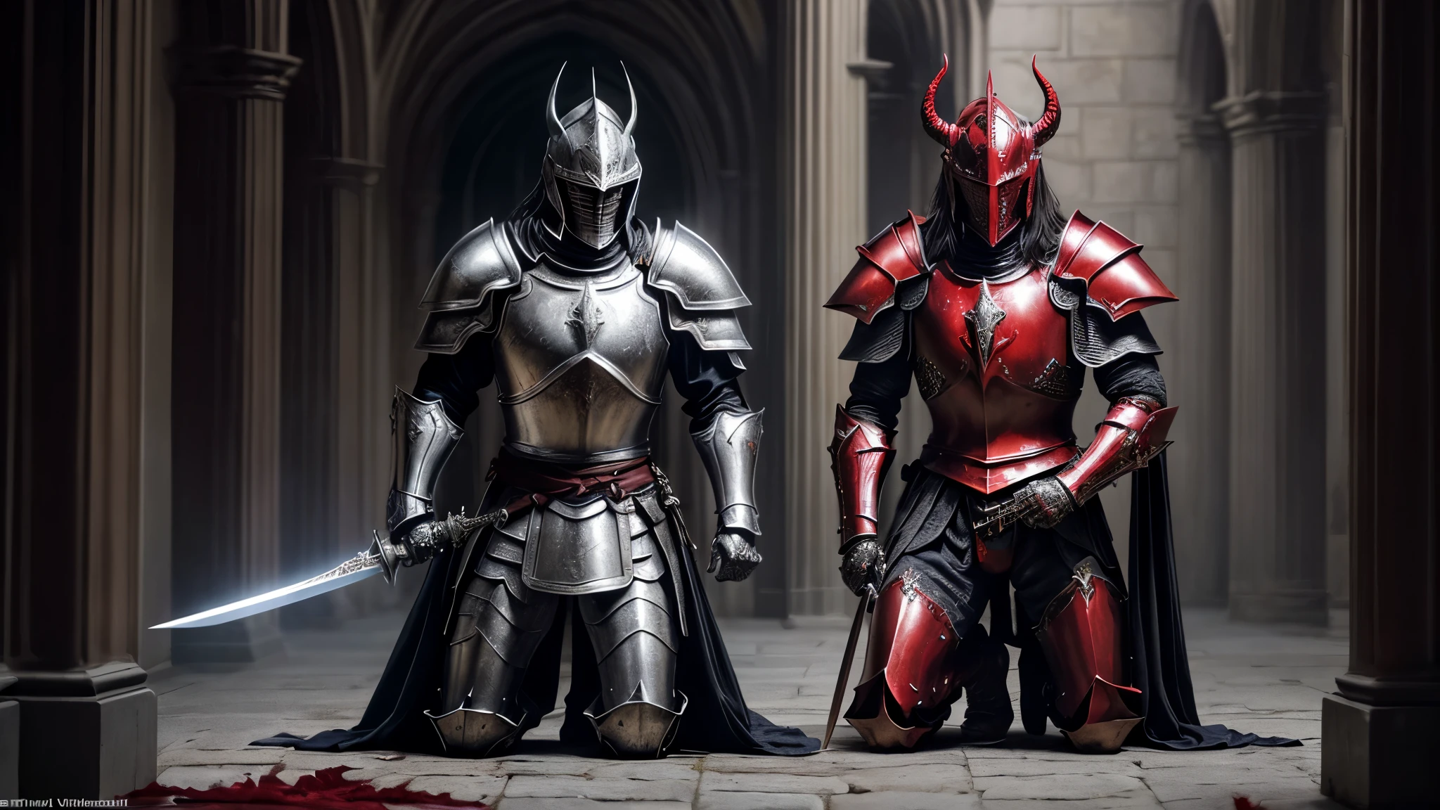 (Best quality,4K,8K,A high resolution,Masterpiece:1.2),Ultra-detailed,(Realistic,Photorealistic,photo-realistic:1.37),A sword-wielding demon silver armor warrior stood in the hall, Full body portrait of the mysterious knight, Wearing heavy armor，A sacred warrior wielding a legendary sword, Mythical warriors in full-body armor, A golden knight with divine armor, The helmet is decorated with the devil's horns, The eyes glow blood-red, Concept art for glorious figures, Crimson Armor Knight, Epic Paladin armor, Holy medieval knight, Kneel on one knee, Blades embedded in the earth, submission, Full body shot.