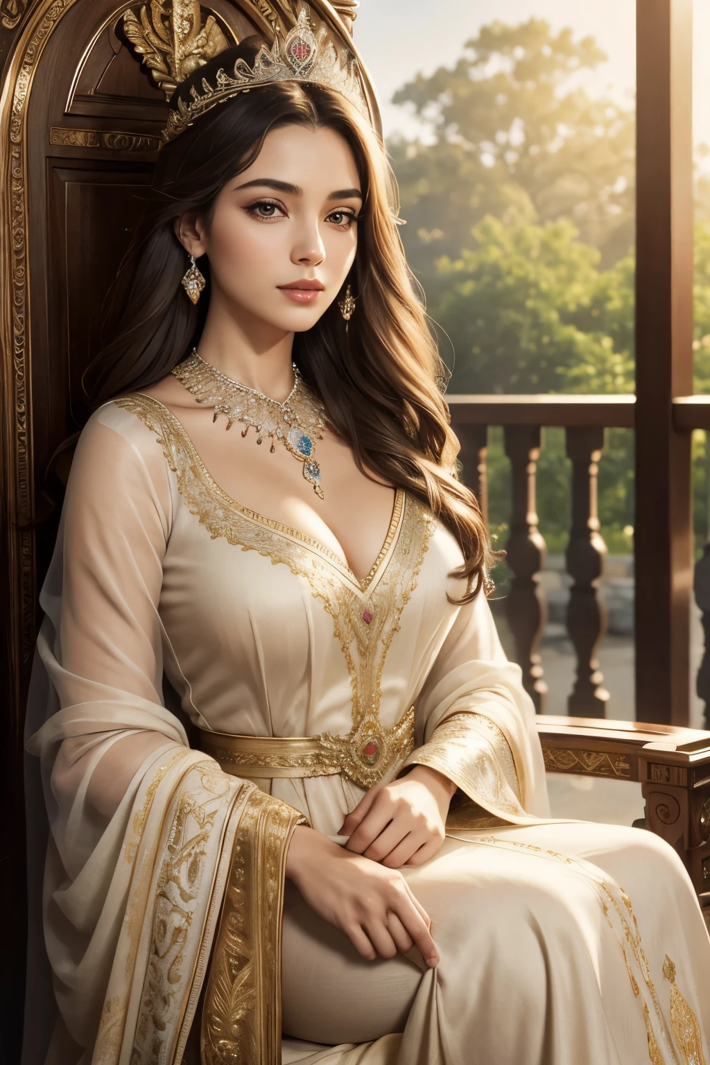 (best quality,4k,8k,highres,masterpiece:1.2), ultra-detailed, (realistic,photorealistic,photo-realistic:1.37), mature female, light brown hair, beautiful detailed lips, throne, heartbeat, heart mark, elegant dress, confident posture, soft lighting, regal atmosphere, subtle smile, intricate details, vibrant colors, classic portrait style, captivating expression, peaceful background, gentle breeze, majestic aura, tranquil ambiance, radiant energy, ethereal beauty, soulful eyes, enchanting presence, timeless charm, graceful movements, refined features, captivating gaze, delicate facial features, emotional depth, regal presence, aura of power and authority, intricate patterns, elegant embellishments, polished composition, crown, confident and strong personality, air of elegance and sophistication, stunning realism, heart symbol, mesmerizing artwork, captivating beauty, expressive eyes, noble demeanor, serene atmosphere, mesmerizing beauty, heart-shaped motif, mesmerizing gaze, royal lineage, alluring charm, breathtaking presence