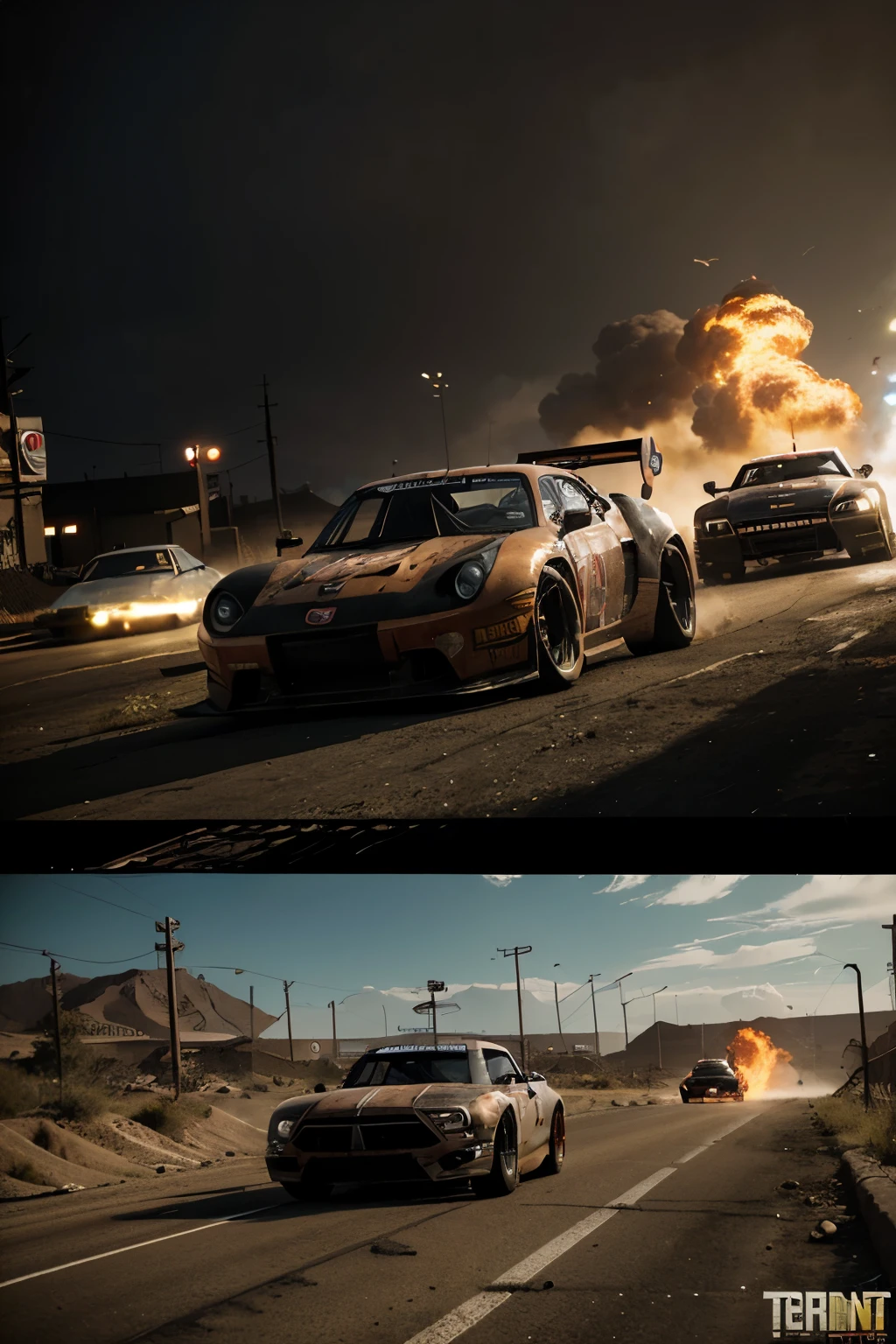 game promotion image, realistic graphic, image from a video game, there is a post-apocalyptic racing car on the right with the wheels on fire, punk style, in the background there is another car running in another direction, set in California, at noon , warm colors, high definition image, sharp details, perfect cinematic image