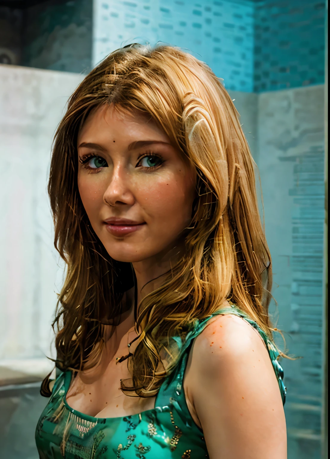 Jewel Staite, nfsw,, bigfaketits,, Immerse yourself in the elegance and sophistication of a beautiful blonde girl with captivating sparkling green eyes. Utilize 3D techniques and Octane rendering in 8K resolution to create a hyper-realistic portrayal of her detailed face. The intricate sharp details and smooth rendering style, combined with cinematic studio de lighting, will make this artwork a true masterpiece. Be prepared to make a splash on ArtStation as it becomes a trendsetter in the digital art community.