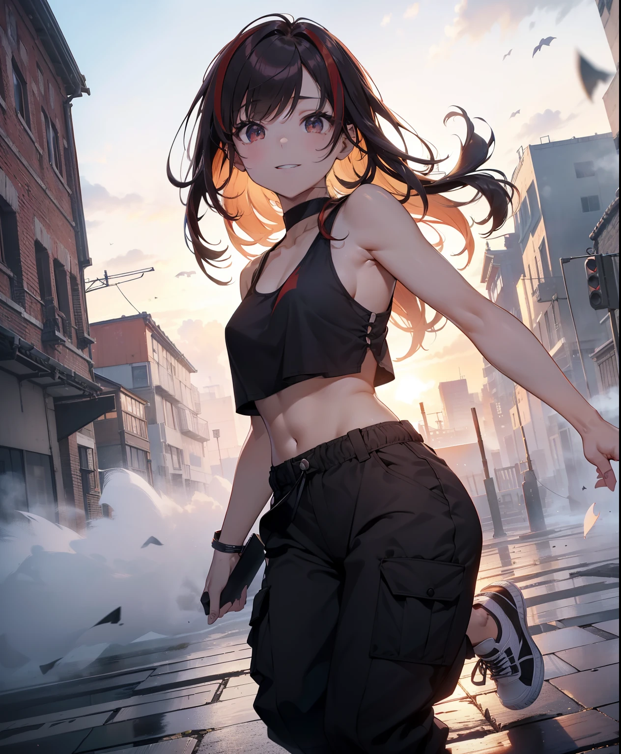 dance、Artistic jumps、break dance、Strenuous movements、Brick building、Meiji era architecture、western building、Brick、独奏、Fluttering hair、Beautuful Women, a small face、de pele branca、、Bright smile、(Gradient color of black red hair、midiam、disheveled long hair)、(Cargo pants、Tank Tops、White sneakers)、(masuter piece:1.3)、(in 8K、top-quality: 1.4、masterpiece、 The ultra -The high-definition、 Top resolution,、ighly detailed、 profetional lighting、 Gray Light Lighting、Low angle from below、Blowing steam into the landscape、Fog in the landscape、Foggy