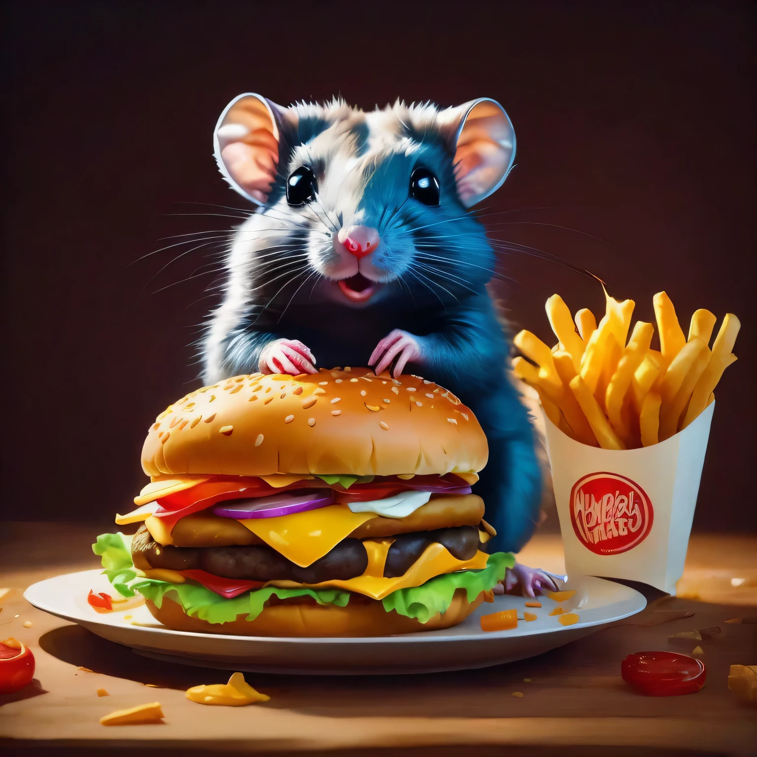 surrealism painting, 16k, extreme detail, fine textures, deep shadows, dark, sharp lines, ((cute big-eyed shrew is fat eating too many fastfood hambugers)), strong contrast, cute cartoon characters, masterpiece, high quality, detailed,