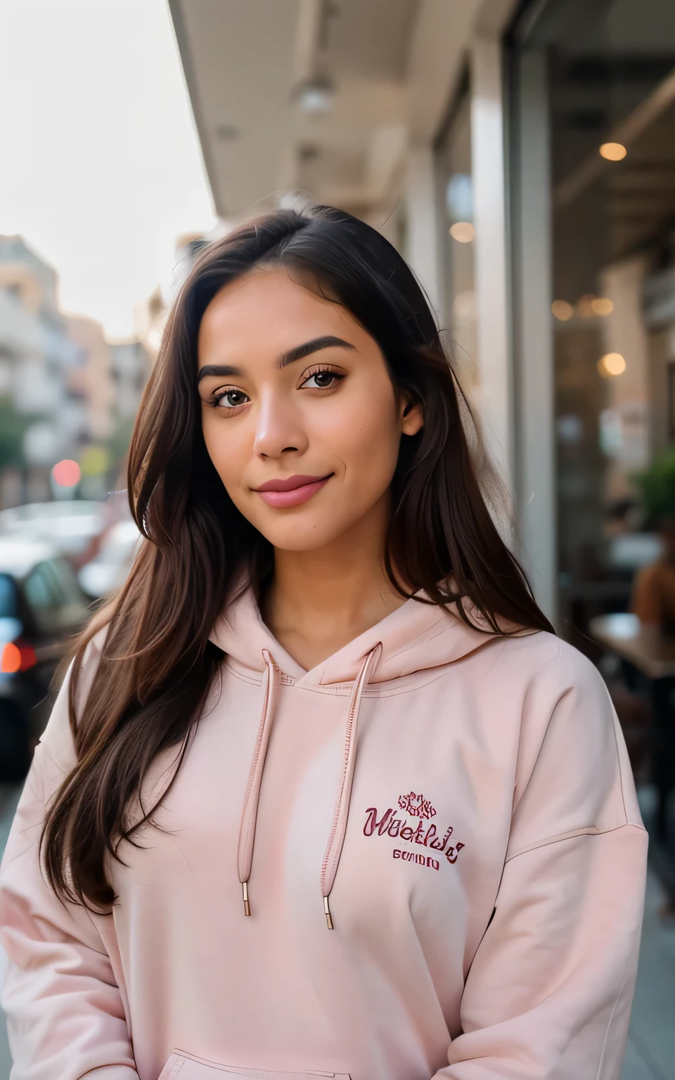 Nerdy, pretty dorky, sophomore college beautiful girl whose a modern Delhi Girl in front of a cafe wearing a cute maroon hoodie. 1 Woman, Sunkissed, selfie photo (Realstic:1), Content,((face, happy)), stunning, long brown hair, ultra beautiful woman, 8k UHD, natural lighting, octane render, maximum detail, hyper-detailed, hyper-realistic, ultra-detailed, highest detail quality, ultra-realistic, soft light, high quality, perfect eyes, solo and her happiness radiates from the image, analog style (skin texture, no make-up, natural make-up) ,( very detailed, natural, high resolution, best quality, intricate detail, sharp focus, detailed skin, realistic skin texture, texture, detailed eyes, professional, 4k