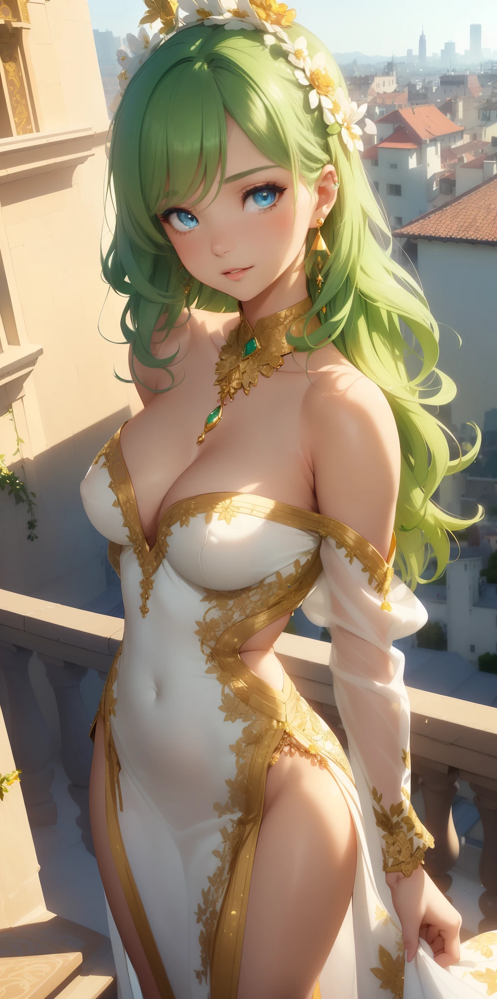 Medium and round breasts, sagging, she is an adult woman ((she is beautiful and cute)), (straight micro-short wavy green hair, beautiful earrings, necklace, hair decorated with small petals, bangs), double eyelids, blue eyes, clear and detailed, hyper detailed, light effect on the eyes, detailed iris, sensual body, (((her body is covered by a caramel-colored dress with a neck strap and long sleeves, a short dress, decorated with flower embroidery on the body, delicate and elegant with beautiful details, beautiful and cool)), ((masterpiece, hyper realistic, hyper detailed, best quality, 16k, light and shadow on skin, vivid colors)), eyeliner, thin eyebrows, sensual expression, lips perfect, innocent and sexy face, ((skin with light and shadow), beautifully seductive and embarrassed woman, passionate expression, beautiful smile ((she is a beautiful woman with a beautiful body)), flirting with the viewer, beautiful, charming, ((at the ball, on the balcony of a luxurious hotel, beautiful view of the city, romantic and glamorous atmosphere)) , (body tilt) ((elegant sensual pose))