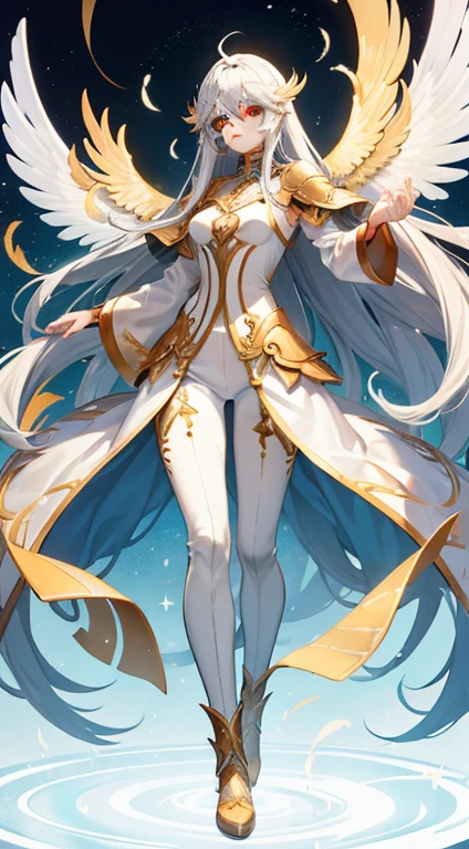(((full body photo))) Tall guy, Long silver hair, Orange Eyes, white tight top, Blue Pants, Gold Elements, feathers, one wing, anger, 4k, HD, Good detail