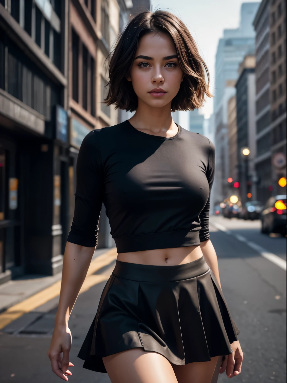 Professional Whole Body Photo, (Photo 4k:1.1) From (Jeremy Lipking:0.3), (Dittmann Anna:0.3), (Cecile:0.3), (Accurate Focus:1.3), High Precision, Pretty Black Girl, Blue Top, Black Skirt, City, Long & Light Brown Hair, Instagram Pose, Slim & Confident Girl, small breasts: 1.2, perfect anatomy, perfect symmetry: 1.2, realistic face: 1.2, perfect face, content, confident, very detailed and dramatic, cinematic lighting, Light scene, soft lights