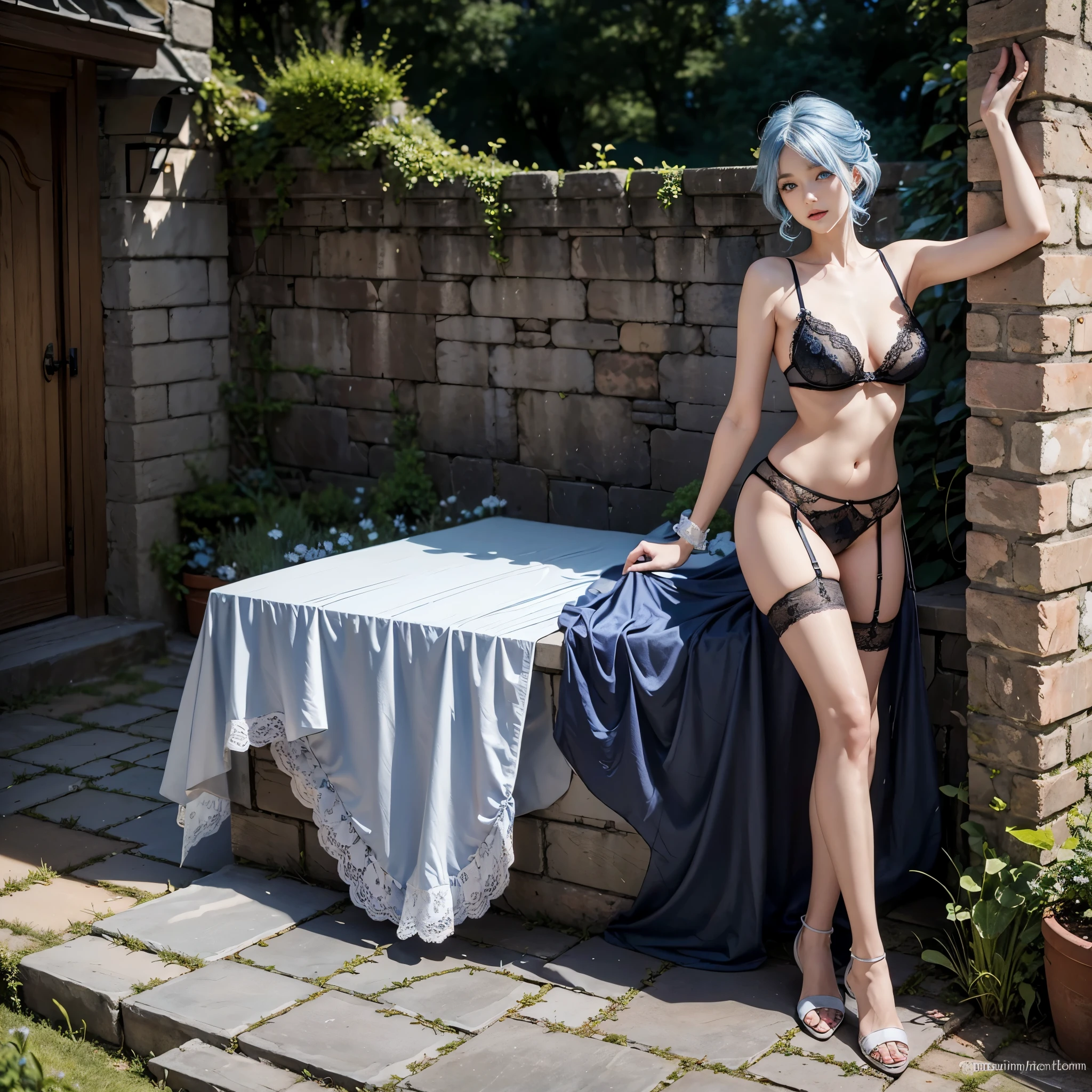 German woman in lingerie posing against stone wall, lace underwear , White lace petticoat, Lacey, wearing sexy lingerie, , Complex body, with beautiful exotic, scantily clad, , blue hair and perfect body, blue eyes,scantily clad, scantily clad!!, Sexy , Beautiful and detailed body and face, beautiful body, Thin black underwear