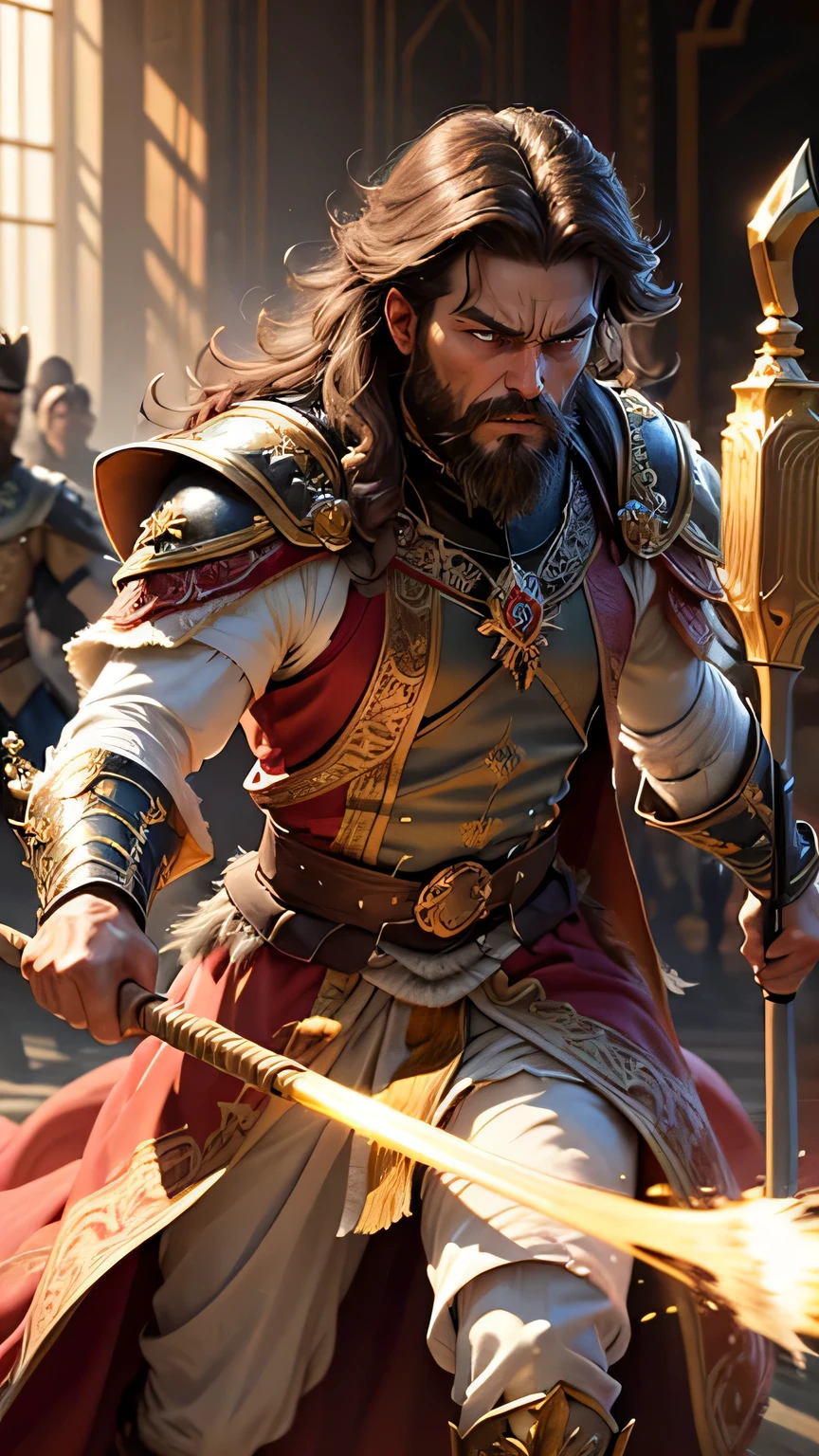 There is a king in the Palace, amazing, angry, roar, swing a golden staff, hitting the princess, luxurious royal Palace, volumetric lighting, 8K resolution, realistic, ultra high definition, rich detailed background, medium length dark brown hair, messy hair, full beard, wearing gorgeous royal armor, angry expression, 16th century Russia, Palace, (((background: Fallen princess)))