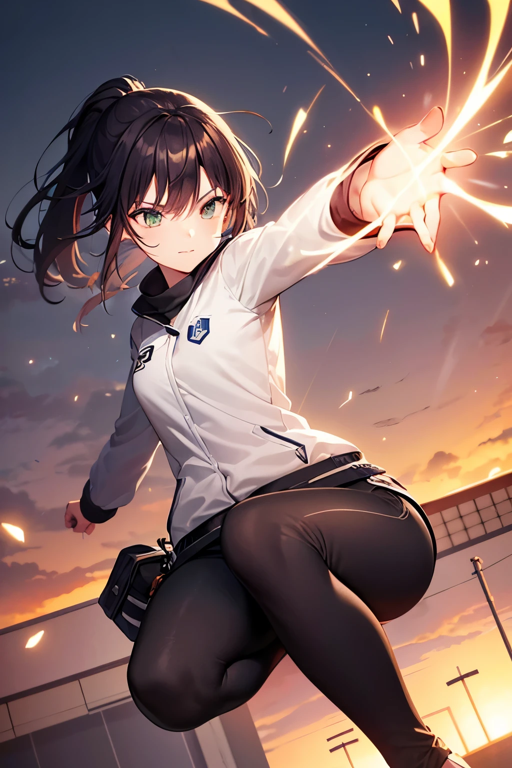 (masterpiece1.5), best quality, expressive eyes, perfect face Beautiful. Wear is Parker and swat pants. Beautiful Anime is Japanese cute girl. Japanese girl is ponytail. hair colour is black. hair style is ponytail. single eyelids. eye style is hooded and sultry and deep set and captivating and enigmatic. Facial expression is smile. bast is small. Background image is France national park. Action is it looks like it's playing parkour. Action is Vault at full speed. While doing parkour, you will often need to bypass medium-sized obstacles without slowing your run. To do this, you will likely perform a speed vault. 1.As you approach the obstacle, kick off from the ground using your left leg while raising your right. 2.Simultaneously reach your left arm forward and place one hand flat on the object. Avoid contacting the obstacle before your body is airborne. 3.As your hand catches the obstacle, use the momentum from your kickoff to bring both legs together up towards your right side. 4.Use your left arm as a pivot to direct your body's momentum over the obstacle. 5.Once you're over the object, land on your left foot to regain vertical posture. Return to your run.