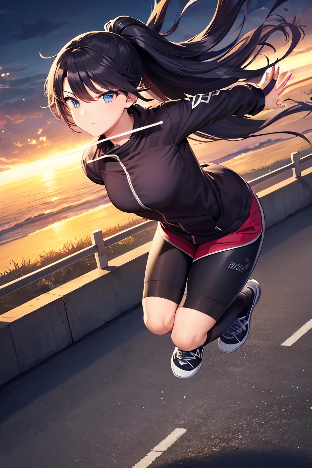 (masterpiece1.5), best quality, expressive eyes, perfect face Beautiful. Wear is Parker and swat pants. Beautiful Anime is Japanese cute girl. Japanese girl is ponytail. hair colour is black. hair style is ponytail. single eyelids. eye style is hooded and sultry and deep set and captivating and enigmatic. Facial expression is smile. bast is small. Background image is France national park. Action is it looks like it's playing parkour. Action is Vault at full speed. While doing parkour, you will often need to bypass medium-sized obstacles without slowing your run. To do this, you will likely perform a speed vault. 1.As you approach the obstacle, kick off from the ground using your left leg while raising your right. 2.Simultaneously reach your left arm forward and place one hand flat on the object. Avoid contacting the obstacle before your body is airborne. 3.As your hand catches the obstacle, use the momentum from your kickoff to bring both legs together up towards your right side. 4.Use your left arm as a pivot to direct your body's momentum over the obstacle. 5.Once you're over the object, land on your left foot to regain vertical posture. Return to your run.