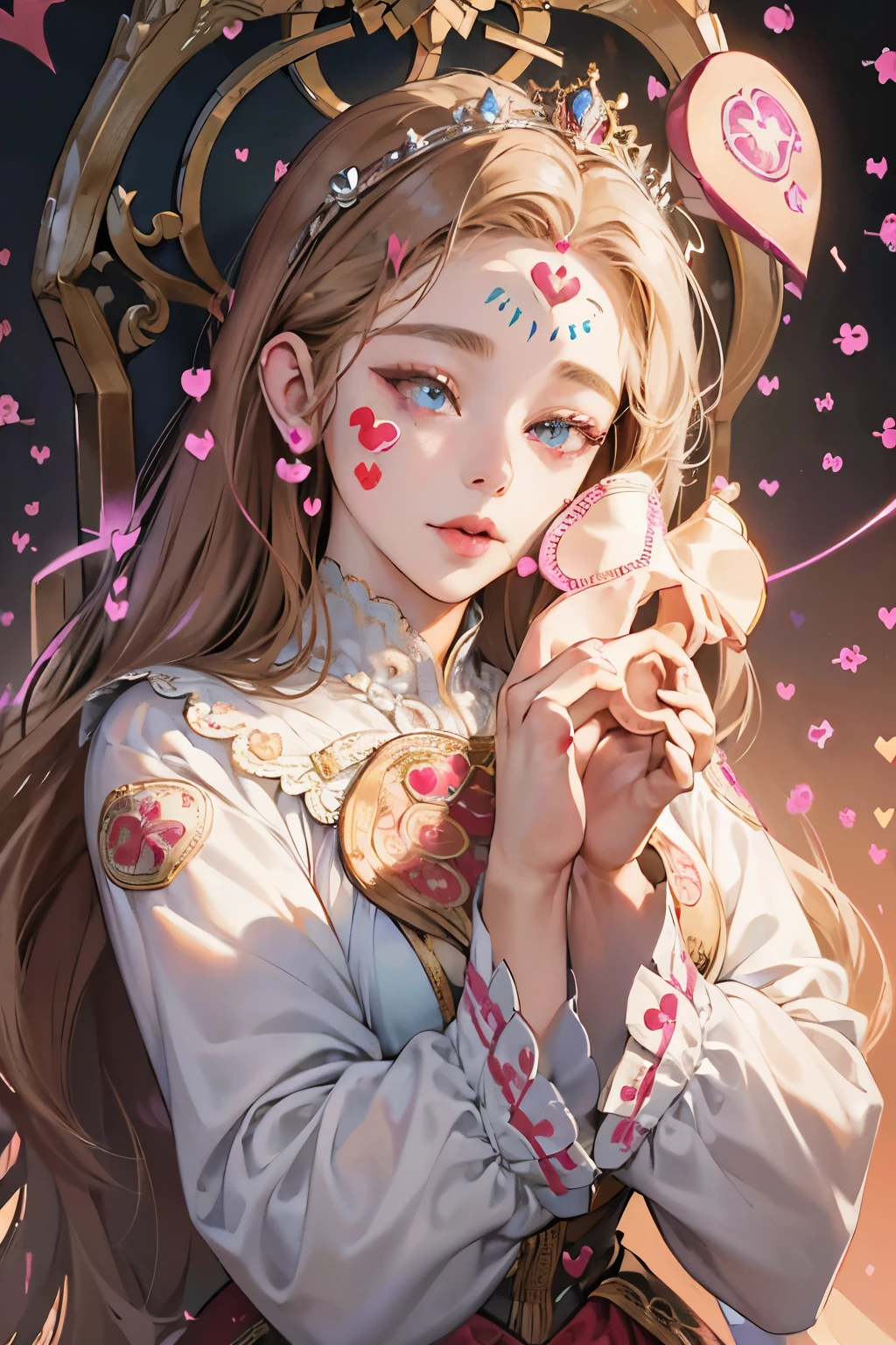 (best quality,4k,8k,highres,masterpiece:1.2), ultra-detailed, (realistic,photorealistic,photo-realistic:1.37), mature female, light brown hair, beautiful detailed lips, throne, (heartbeat:1.9), (heart mark:1.9), elegant dress, confident posture, soft lighting, regal atmosphere, subtle smile, intricate details, vibrant colors, classic portrait style, captivating expression, peaceful background, gentle breeze, majestic aura, tranquil ambiance, radiant energy, ethereal beauty, soulful eyes, enchanting presence, timeless charm, graceful movements, refined features, captivating gaze, delicate facial features, emotional depth, regal presence, aura of power and authority, intricate patterns, elegant embellishments, polished composition, crown, confident and strong personality, air of elegance and sophistication, stunning realism, (heart symbol:1.9), mesmerizing artwork, captivating beauty, expressive eyes, noble demeanor, serene atmosphere, mesmerizing beauty, (heart-shaped motif:1.9), mesmerizing gaze, royal lineage, alluring charm, breathtaking presence