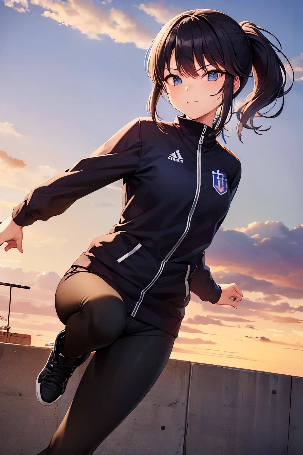 (masterpiece1.5), best quality, expressive eyes, perfect face Beautiful. Wear is Parker and swat pants. Beautiful Anime is Japanese cute girl. Japanese girl is ponytail. hair colour is black. hair style is ponytail. single eyelids. eye style is hooded and sultry and deep set and captivating and enigmatic. Facial expression is smile. bast is small. Background image is France national park. Action is it looks like it's playing parkour. Action is Vault at full speed. While doing parkour, you will often need to bypass medium-sized obstacles without slowing your run. To do this, you will likely perform a speed vault. 1.As you approach the obstacle, kick off from the ground using your left leg while raising your right. 2.Simultaneously reach your left arm forward and place one hand flat on the object. Avoid contacting the obstacle before your body is airborne. 3.As your hand catches the obstacle, use the momentum from your kickoff to bring both legs together up towards your right side. 4.Use your left arm as a pivot to direct your body's momentum over the obstacle. 5.Once you're over the object, land on your left foot to regain vertical posture. Return to your run.