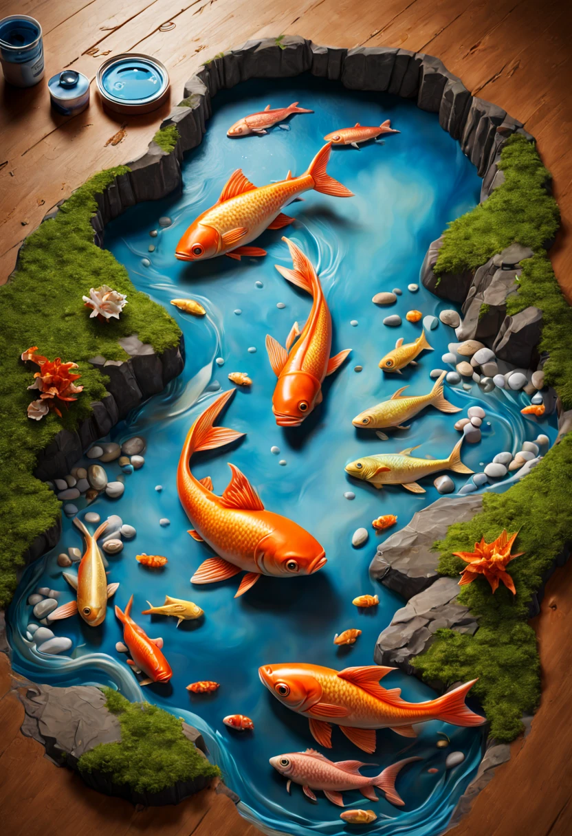 (3D painting:1.5) river with fishes anamorphosis in floor in the room. Cinematic lighting, vivid colors, Miki Asai Macro photography, close-up, hyper detailed, trending on artstation, sharp focus, studio photo, intricate details, highly detailed, by greg rutkowski