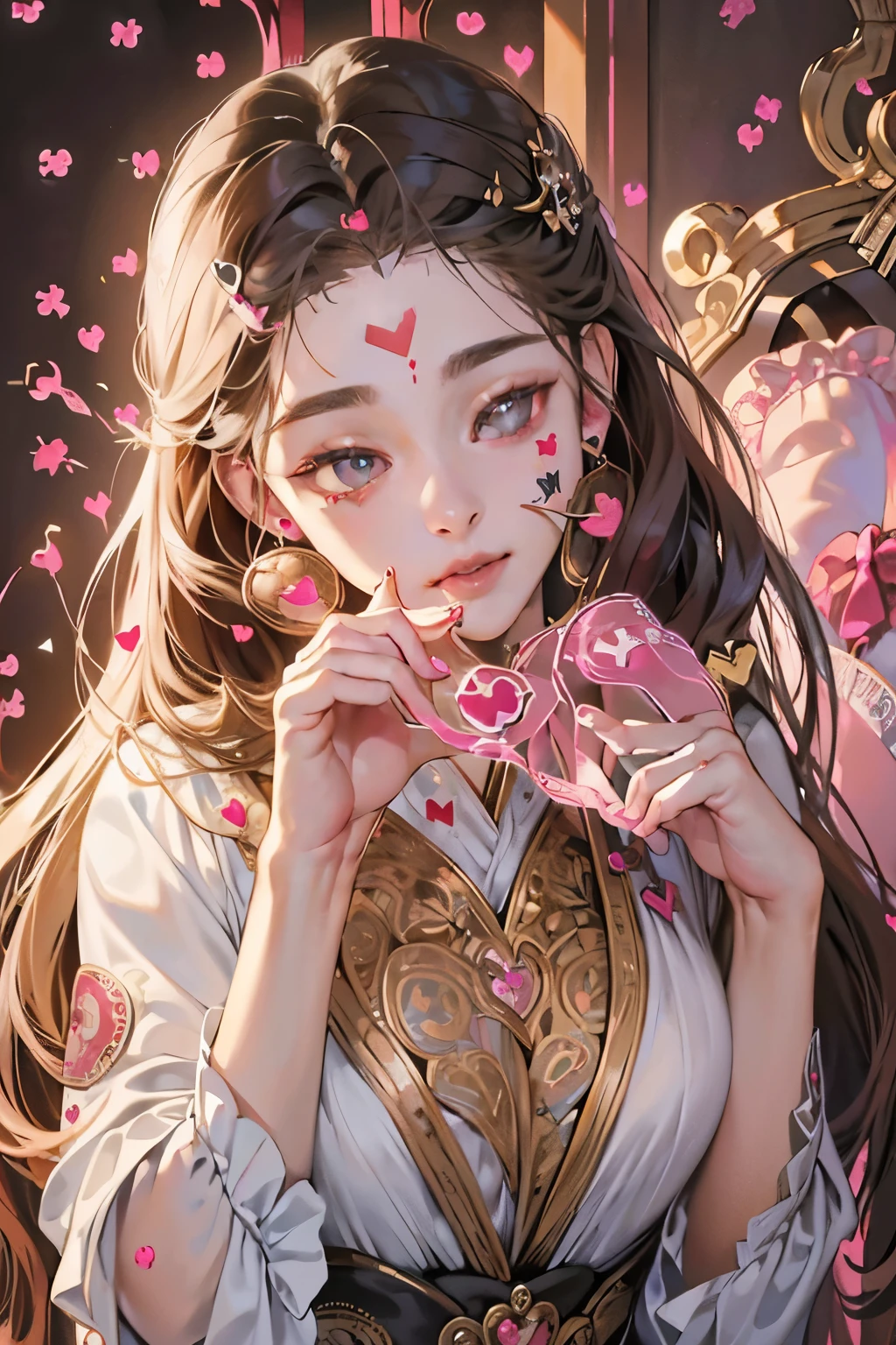 (best quality,4k,8k,highres,masterpiece:1.2), ultra-detailed, (realistic,photorealistic,photo-realistic:1.37), mature female, light brown hair, beautiful detailed lips, throne, (heartbeat:1.9), (heart mark:1.9), elegant dress, confident posture, soft lighting, regal atmosphere, subtle smile, intricate details, vibrant colors, classic portrait style, captivating expression, peaceful background, gentle breeze, majestic aura, tranquil ambiance, radiant energy, ethereal beauty, soulful eyes, enchanting presence, timeless charm, graceful movements, refined features, captivating gaze, delicate facial features, emotional depth, regal presence, aura of power and authority, intricate patterns, elegant embellishments, polished composition, crown, confident and strong personality, air of elegance and sophistication, stunning realism, (heart symbol:1.9), mesmerizing artwork, captivating beauty, expressive eyes, noble demeanor, serene atmosphere, mesmerizing beauty, (heart-shaped motif:1.9), mesmerizing gaze, royal lineage, alluring charm, breathtaking presence