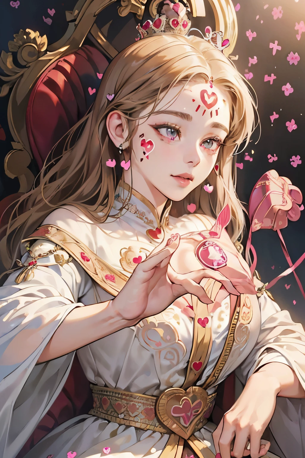 (best quality,4k,8k,highres,masterpiece:1.2), ultra-detailed, (realistic,photorealistic,photo-realistic:1.37), mature female, light brown hair, beautiful detailed lips, throne, (heartbeat:1.9), (heart mark:1.9), elegant dress, confident posture, soft lighting, regal atmosphere, subtle smile, intricate details, vibrant colors, classic portrait style, captivating expression, peaceful background, gentle breeze, majestic aura, tranquil ambiance, radiant energy, ethereal beauty, soulful eyes, enchanting presence, timeless charm, graceful movements, refined features, captivating gaze, delicate facial features, emotional depth, regal presence, aura of power and authority, intricate patterns, elegant embellishments, polished composition, crown, confident and strong personality, air of elegance and sophistication, stunning realism, (heart symbol:1.9), mesmerizing artwork, captivating beauty, expressive eyes, noble demeanor, serene atmosphere, mesmerizing beauty, (heart-shaped motif:1.9), mesmerizing gaze, royal lineage, alluring charm, breathtaking presence