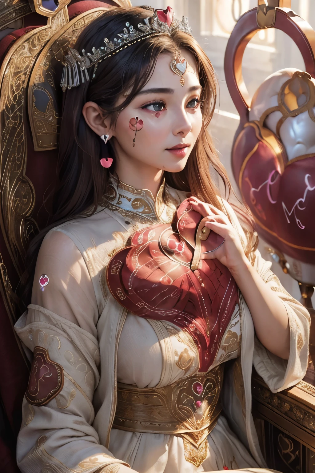 (best quality,4k,8k,highres,masterpiece:1.2), ultra-detailed, (realistic,photorealistic,photo-realistic:1.37), mature female, light brown hair, beautiful detailed lips, throne, (heartbeat:1.9), (heart mark:1.9), elegant dress, confident posture, soft lighting, regal atmosphere, subtle smile, intricate details, vibrant colors, classic portrait style, captivating expression, peaceful background, gentle breeze, majestic aura, tranquil ambiance, radiant energy, ethereal beauty, soulful eyes, enchanting presence, timeless charm, graceful movements, refined features, captivating gaze, delicate facial features, emotional depth, regal presence, aura of power and authority, intricate patterns, elegant embellishments, polished composition, crown, confident and strong personality, air of elegance and sophistication, stunning realism, (heart symbol:1.9), mesmerizing artwork, captivating beauty, expressive eyes, noble demeanor, serene atmosphere, mesmerizing beauty, (heart-shaped motif:1.9), mesmerizing gaze, royal lineage, alluring charm, breathtaking presence