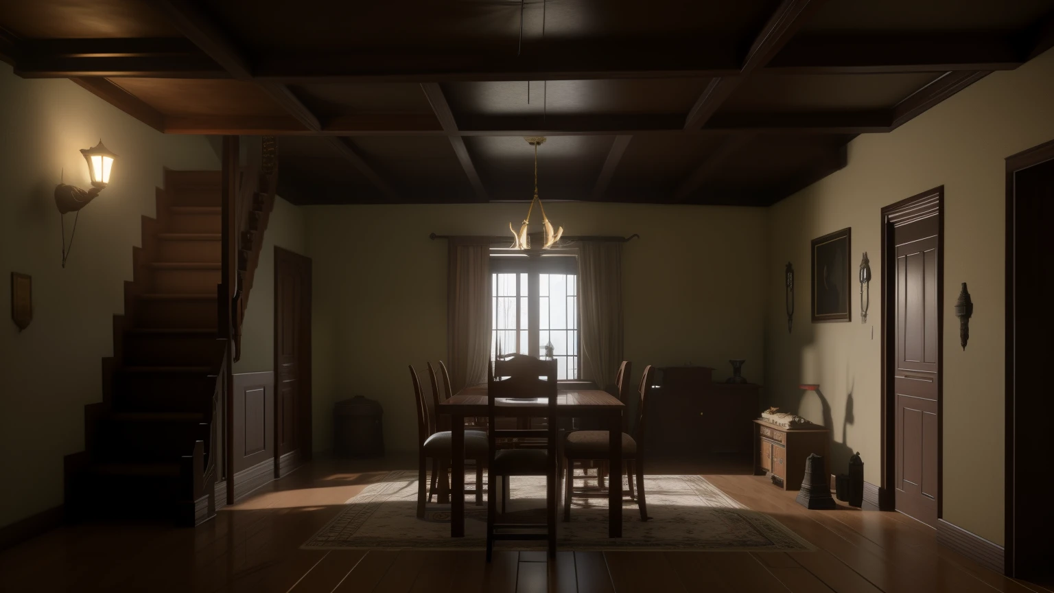 There is a dining room with a table and chairs, hdr render in unreal engine 5, unreal engine 5 dramatic rendering, room of a dark mansion, Sala de Pressentimento, mecanismo irreal renderizado 5, sala interior mal iluminada, unrealistic rendering of the unrealistic engine, unreal engine lighting 5, room with eerie feeling, unreal 5 motor renderizado