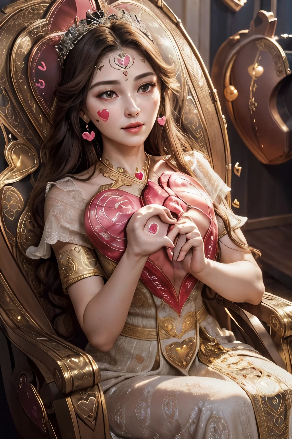(best quality,4k,8k,highres,masterpiece:1.2), ultra-detailed, (realistic,photorealistic,photo-realistic:1.37), mature female, light brown hair, beautiful detailed lips, throne, (heartbeat:1.9), (heart mark:1.9), elegant dress, confident posture, soft lighting, regal atmosphere, subtle smile, intricate details, vibrant colors, classic portrait style, captivating expression, peaceful background, gentle breeze, majestic aura, tranquil ambiance, radiant energy, ethereal beauty, soulful eyes, enchanting presence, timeless charm, graceful movements, refined features, captivating gaze, delicate facial features, emotional depth, regal presence, aura of power and authority, intricate patterns, elegant embellishments, polished composition, crown, confident and strong personality, air of elegance and sophistication, stunning realism, (heart symbol:1.9), mesmerizing artwork, captivating beauty, expressive eyes, noble demeanor, serene atmosphere, mesmerizing beauty, (heart-shaped motif:1.9), mesmerizing gaze, royal lineage, alluring charm, breathtaking presence