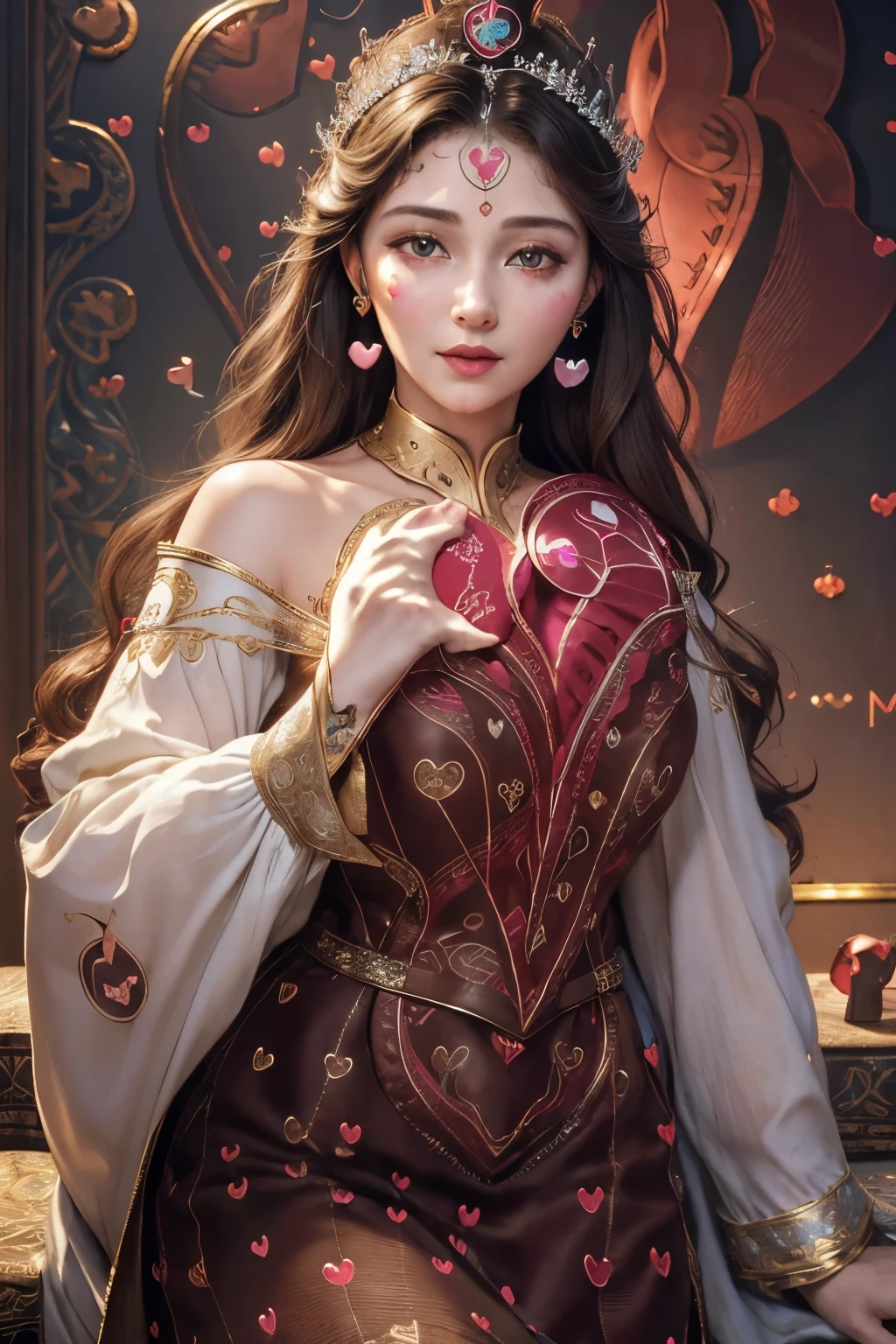 (best quality,4k,8k,highres,masterpiece:1.2), ultra-detailed, (realistic,photorealistic,photo-realistic:1.37), mature female, light brown hair, beautiful detailed lips, throne, (heartbeat:1.9), (heart mark:1.9), elegant dress, confident posture, soft lighting, regal atmosphere, subtle smile, intricate details, vibrant colors, classic portrait style, captivating expression, peaceful background, gentle breeze, majestic aura, tranquil ambiance, radiant energy, ethereal beauty, soulful eyes, enchanting presence, timeless charm, graceful movements, refined features, captivating gaze, delicate facial features, emotional depth, regal presence, aura of power and authority, intricate patterns, elegant embellishments, polished composition, crown, confident and strong personality, air of elegance and sophistication, stunning realism, (heart symbol:1.9), mesmerizing artwork, captivating beauty, expressive eyes, noble demeanor, serene atmosphere, mesmerizing beauty, (heart-shaped motif:1.9), mesmerizing gaze, royal lineage, alluring charm, breathtaking presence