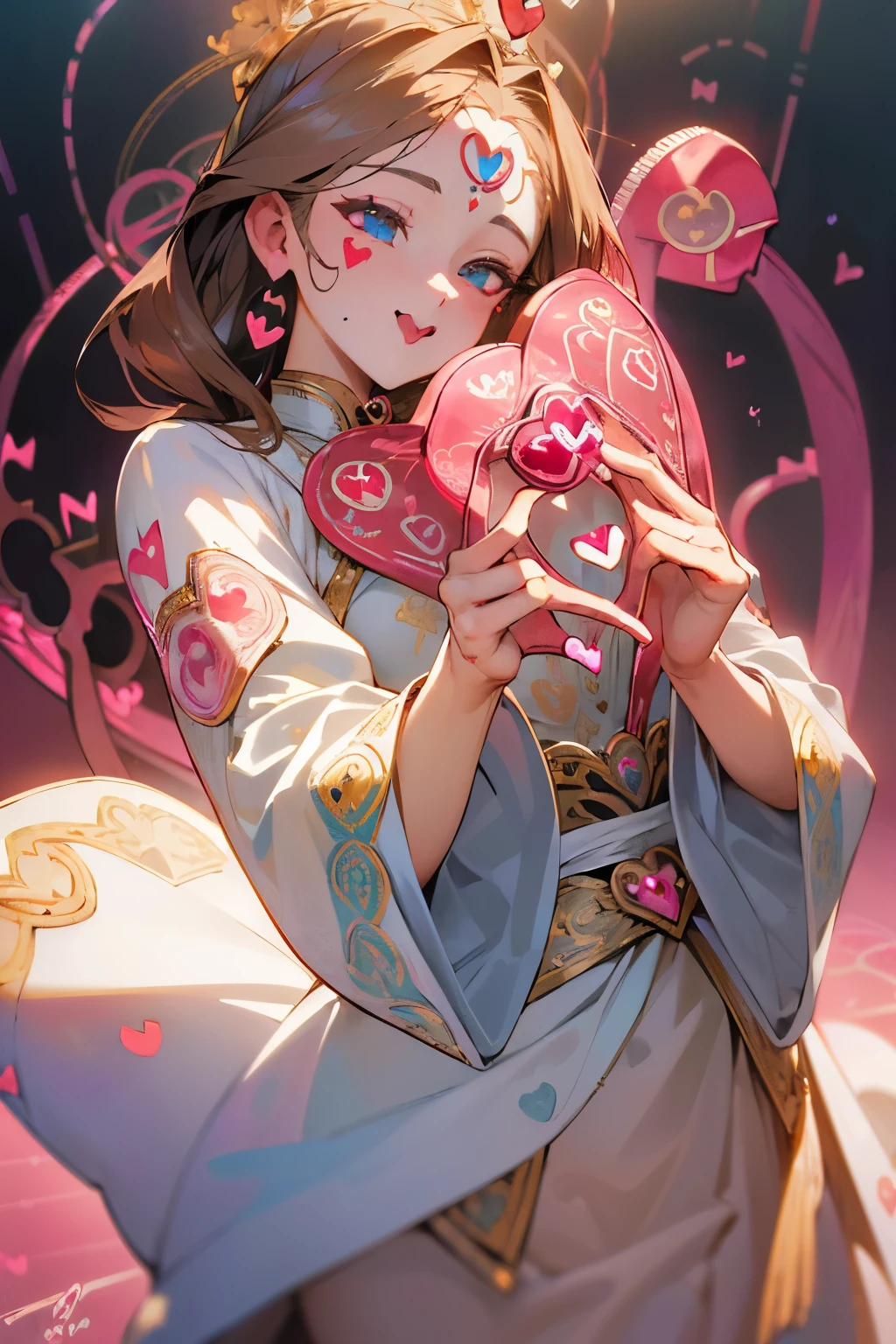 (best quality,4k,8k,highres,masterpiece:1.2), ultra-detailed, (realistic,photorealistic,photo-realistic:1.37), mature female, light brown hair, beautiful detailed lips, throne, (heartbeat:1.9), (heart mark:1.9), elegant dress, confident posture, soft lighting, regal atmosphere, subtle smile, intricate details, vibrant colors, classic portrait style, captivating expression, peaceful background, gentle breeze, majestic aura, tranquil ambiance, radiant energy, ethereal beauty, soulful eyes, enchanting presence, timeless charm, graceful movements, refined features, captivating gaze, delicate facial features, emotional depth, regal presence, aura of power and authority, intricate patterns, elegant embellishments, polished composition, crown, confident and strong personality, air of elegance and sophistication, stunning realism, (heart symbol:1.9), mesmerizing artwork, captivating beauty, expressive eyes, noble demeanor, serene atmosphere, mesmerizing beauty, (heart-shaped motif:1.9), mesmerizing gaze, royal lineage, alluring charm, breathtaking presence