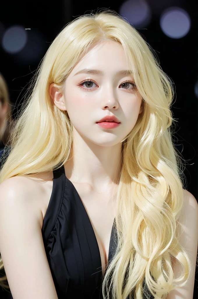 Un primer plano de una mujer con cabello largo y rubio y un vestido negro, pale, shiny skin, extremely pale blonde hair, very very pale blonde hair, Pale fur, jaeyeon nam, capturado en canon eos r 6, jia, pale and light skin!!, pale ivory skin, female korean idol portrait, retrato de jossi de blackpink, pale white skin