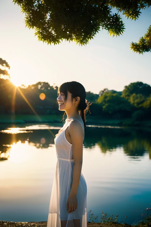 A Japanese girl stands by the water, her laughter echoing in the peaceful surroundings. Her white dress is soaked and semi-transparent, revealing the contours of her body. The backlighting adds a touch of enchantment to the scene.