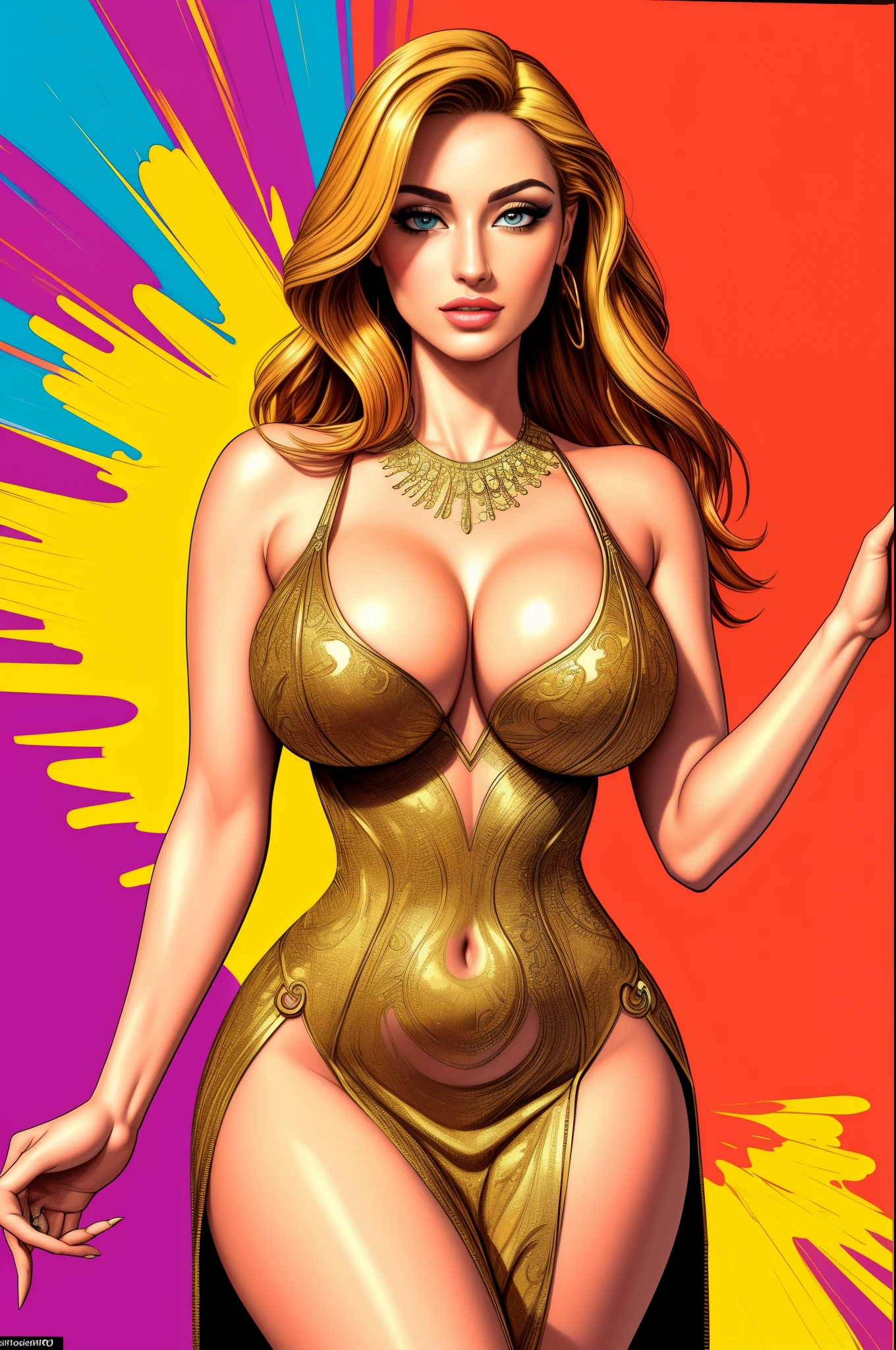 (best quality,4k,8k,highres,masterpiece:1.2),ultra-detailed,(realistic,photorealistic,photo-realistic:1.37),sexy woman,large breasts,wide hips,elegant dress,thigh slit,long golden hair,beautiful detailed eyes,beautiful detailed lips,extremely detailed eyes and face,longeyelashes,glowing skin,confident expression,feminine figure,charming smile,graceful posture,colorful background,pop art style,vivid colors,dramatic lighting