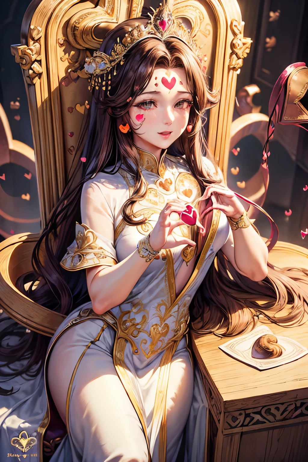 (best quality,4k,8k,highres,masterpiece:1.2), ultra-detailed, (realistic,photorealistic,photo-realistic:1.37), mature female, light brown hair, beautiful detailed lips, throne, (heartbeat:1.9), (heart mark:1.9), elegant dress, confident posture, soft lighting, regal atmosphere, subtle smile, intricate details, vibrant colors, classic portrait style, captivating expression, peaceful background, gentle breeze, majestic aura, tranquil ambiance, radiant energy, ethereal beauty, soulful eyes, enchanting presence, timeless charm, graceful movements, refined features, captivating gaze, delicate facial features, emotional depth, regal presence, aura of power and authority, intricate patterns, elegant embellishments, polished composition, crown, confident and strong personality, air of elegance and sophistication, stunning realism, (heart symbol:1.9), mesmerizing artwork, captivating beauty, expressive eyes, noble demeanor, serene atmosphere, mesmerizing beauty, (heart-shaped motif:1.9), mesmerizing gaze, royal lineage, alluring charm, breathtaking presence