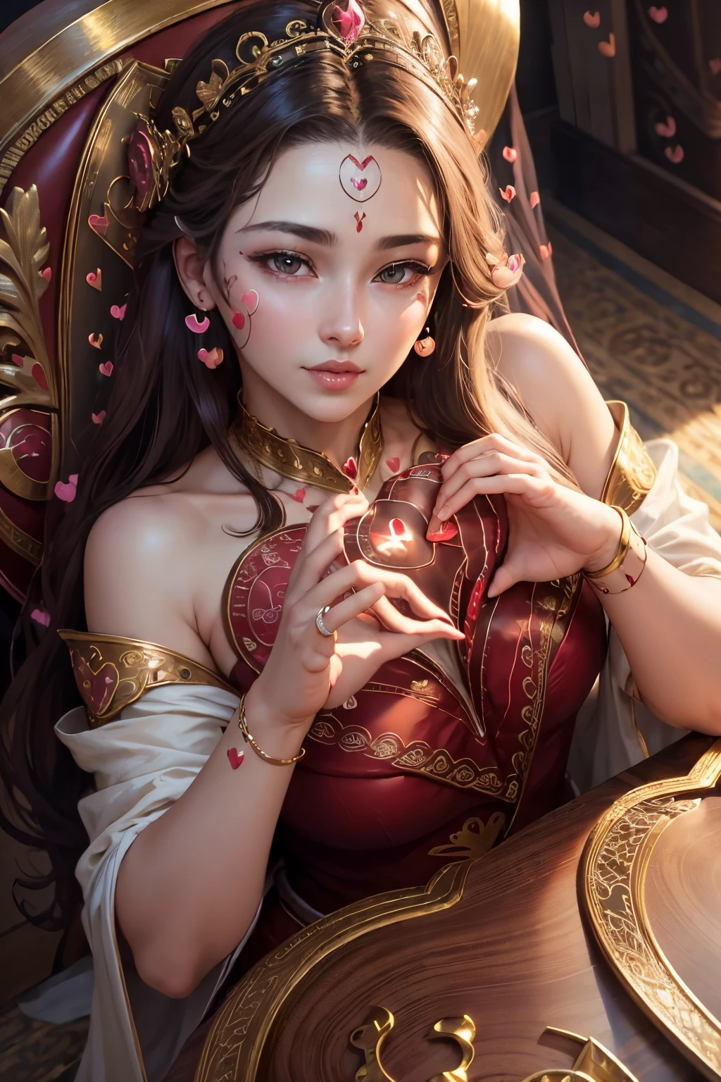 (best quality,4k,8k,highres,masterpiece:1.2), ultra-detailed, (realistic,photorealistic,photo-realistic:1.37), mature female, light brown hair, beautiful detailed lips, throne, (heartbeat:1.9), (heart mark:1.9), elegant dress, confident posture, soft lighting, regal atmosphere, subtle smile, intricate details, vibrant colors, classic portrait style, captivating expression, peaceful background, gentle breeze, majestic aura, tranquil ambiance, radiant energy, ethereal beauty, soulful eyes, enchanting presence, timeless charm, graceful movements, refined features, captivating gaze, delicate facial features, emotional depth, regal presence, aura of power and authority, intricate patterns, elegant embellishments, polished composition, crown, confident and strong personality, air of elegance and sophistication, stunning realism, (heart symbol:1.9), mesmerizing artwork, captivating beauty, expressive eyes, noble demeanor, serene atmosphere, mesmerizing beauty, (heart-shaped motif:1.9), mesmerizing gaze, royal lineage, alluring charm, breathtaking presence