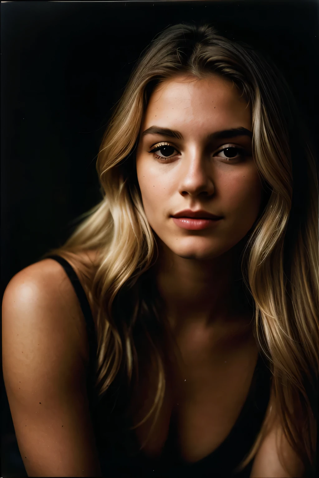 (close-up, editorial photograph of a 21 year old woman), (highly detailed face:1.4) (smile:0.7) (background inside dark, moody, private study:1.OV, by lee jeffries, long blonde hair, nikon d850, film stock photograph ,4 kodak portra 400 ,camera f1.6 lens ,rich colors ,hyper realistic ,lifelike texture, dramatic lighting , cinestill 800, random pose