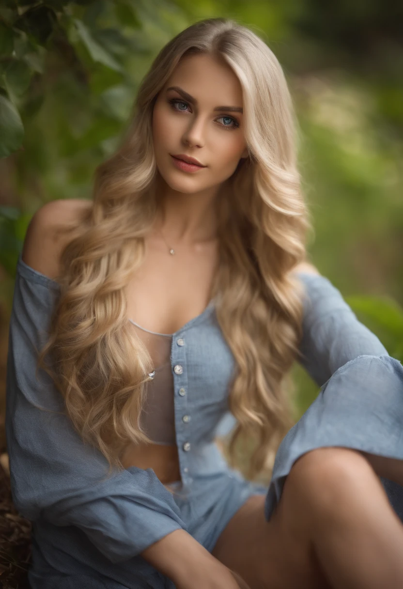 Sexy girl with gray eyes, Blonde hair and big eyes, selfie of a young woman, Chamber eyes, No make up, looking straight into the camera, nude body, Spread her legs, sexy pose, face with artgram, beautiful make-up, Excellent full-length photography, split, large bare breasts