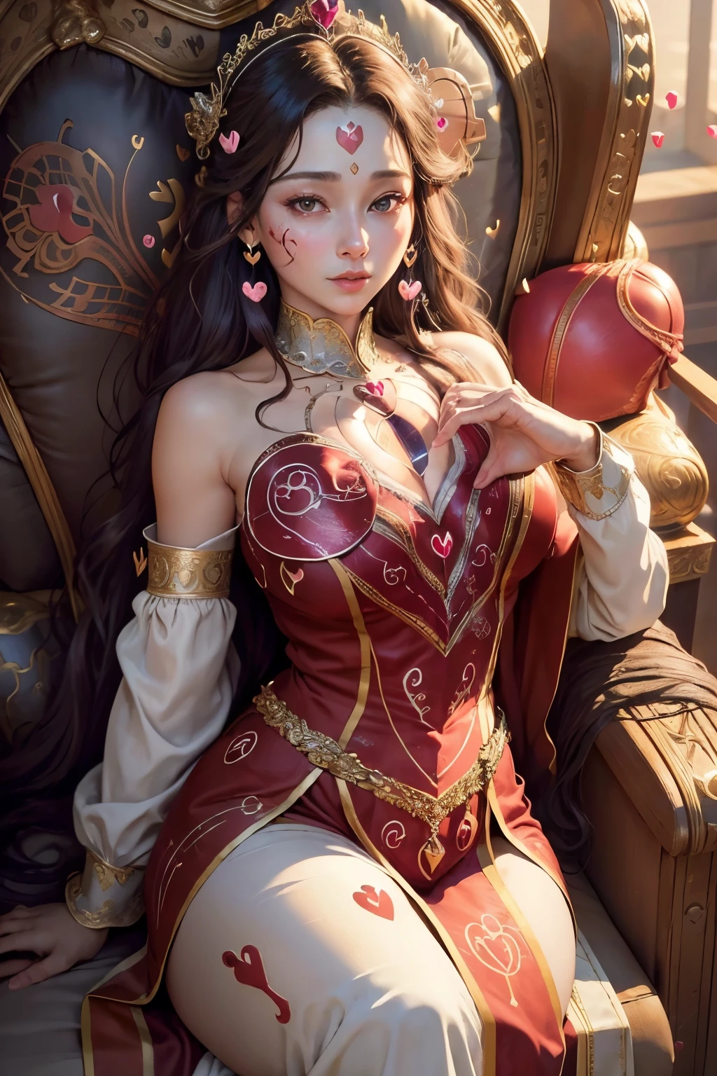 (best quality,4k,8k,highres,masterpiece:1.2), ultra-detailed, (realistic,photorealistic,photo-realistic:1.37), mature female, light brown hair, beautiful detailed lips, throne, (heartbeat:1.9), (heart mark:1.9), elegant dress, confident posture, soft lighting, regal atmosphere, subtle smile, intricate details, vibrant colors, classic portrait style, captivating expression, peaceful background, gentle breeze, majestic aura, tranquil ambiance, radiant energy, ethereal beauty, soulful eyes, enchanting presence, timeless charm, graceful movements, refined features, captivating gaze, delicate facial features, emotional depth, regal presence, aura of power and authority, intricate patterns, elegant embellishments, polished composition, crown, confident and strong personality, air of elegance and sophistication, stunning realism, (heart symbol:1.9), mesmerizing artwork, captivating beauty, expressive eyes, noble demeanor, serene atmosphere, mesmerizing beauty, (heart-shaped motif:1.9), mesmerizing gaze, royal lineage, alluring charm, breathtaking presence