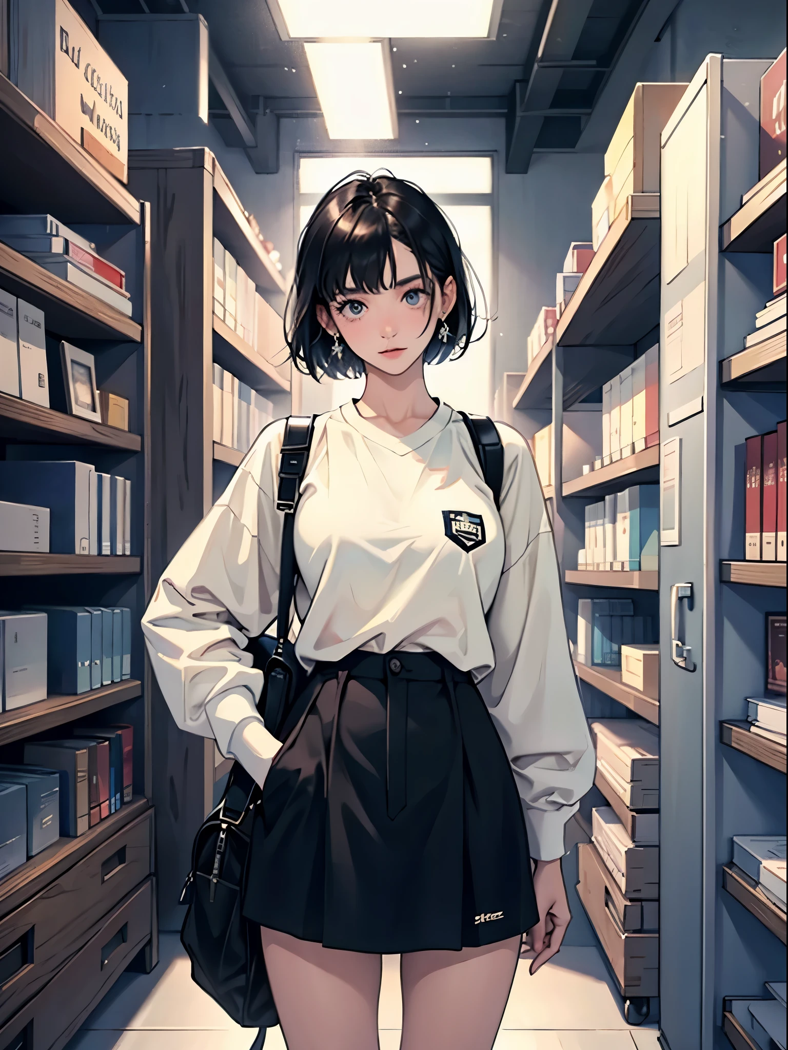 8K, Highest quality, masterpiece, Ultra-detailed、Black Hair、Very Short Hair、full lips、Brown eyes、18Year-old beauty、Portrait、library、Staring、T-Shirts、