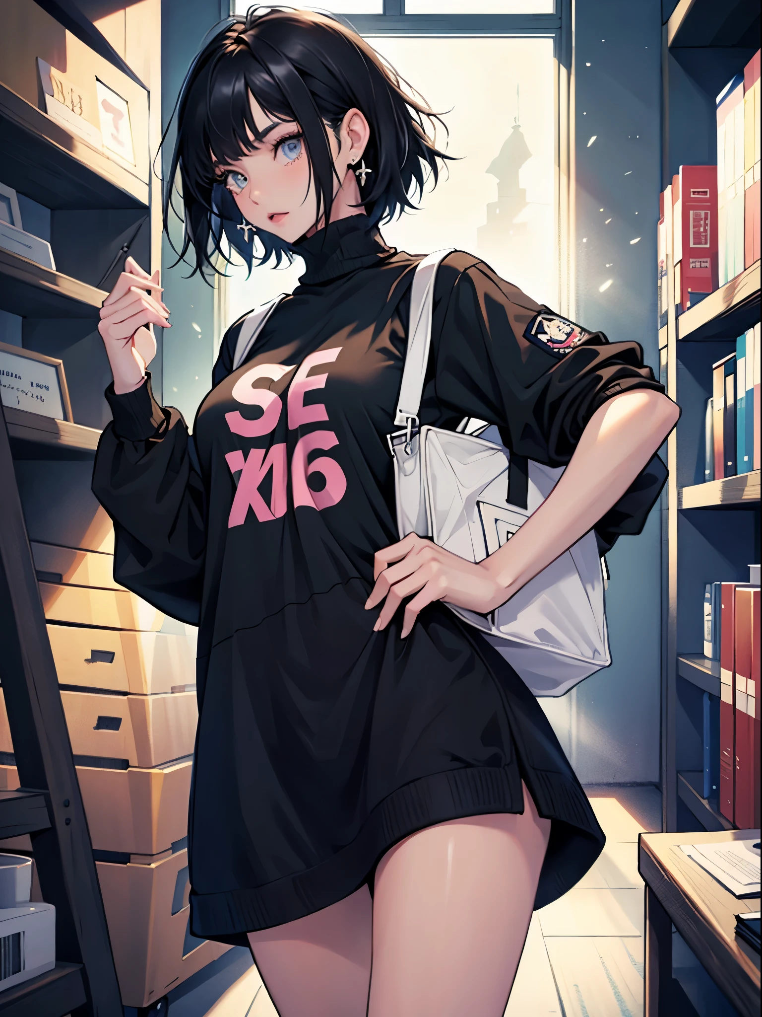 18 years old young girl : 1.3, short black hair: 1.2, casual wear: 1.2, daytime: 1.2, in library: 1.2, light, Surrealism, ultra high definition, precise, Super details, textured skin, high detail, best quality, 8k