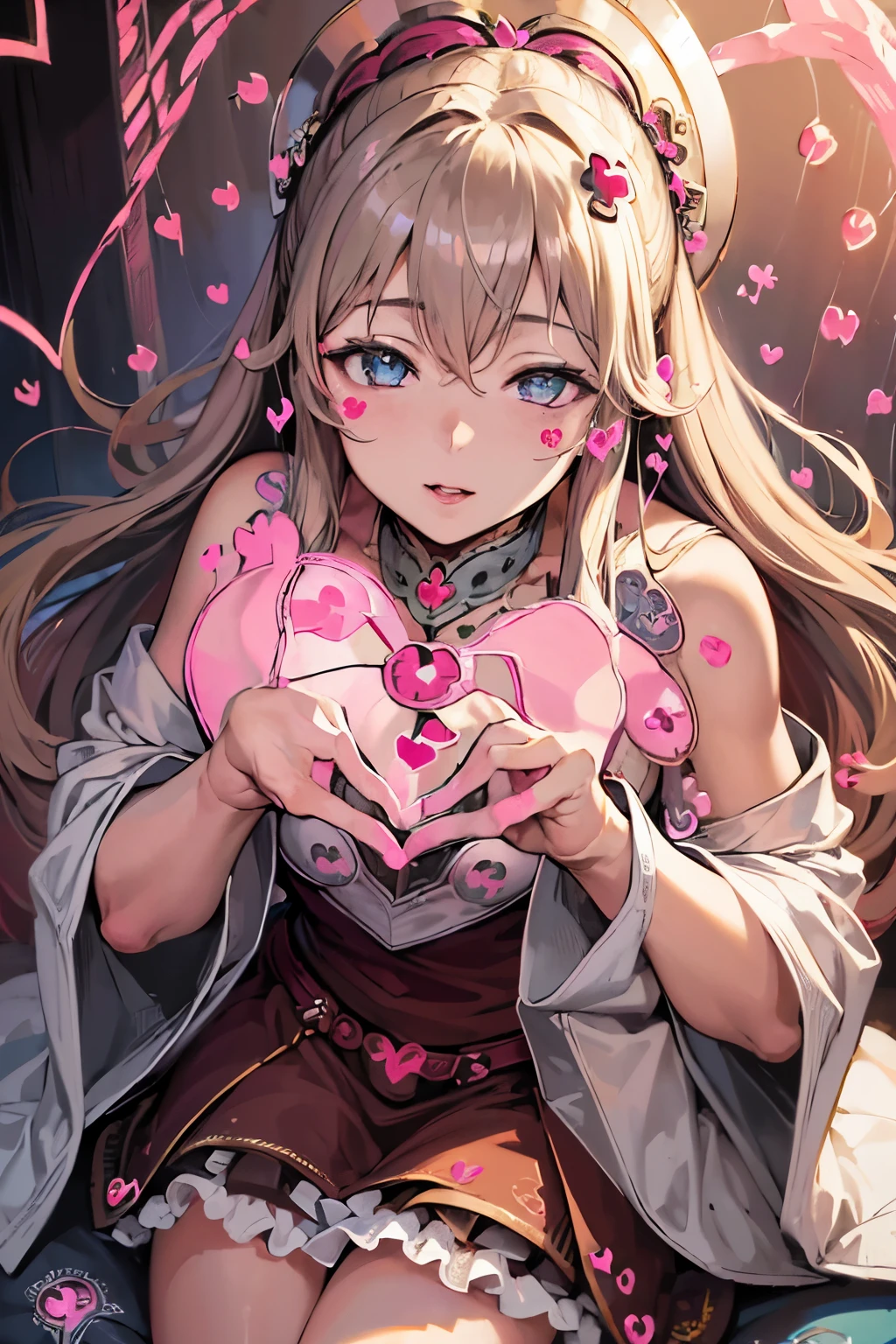 (best quality,4k,8k,highres,masterpiece:1.2), ultra-detailed, (realistic,photorealistic,photo-realistic:1.37), mature female, light brown hair, beautiful detailed lips, throne, (heartbeat:1.9), (heart mark:1.9), elegant dress, confident posture, soft lighting, regal atmosphere, subtle smile, intricate details, vibrant colors, classic portrait style, captivating expression, peaceful background, gentle breeze, majestic aura, tranquil ambiance, radiant energy, ethereal beauty, soulful eyes, enchanting presence, timeless charm, graceful movements, refined features, captivating gaze, delicate facial features, emotional depth, regal presence, aura of power and authority, intricate patterns, elegant embellishments, polished composition, crown, confident and strong personality, air of elegance and sophistication, stunning realism, (heart symbol:1.9), mesmerizing artwork, captivating beauty, expressive eyes, noble demeanor, serene atmosphere, mesmerizing beauty, (heart-shaped motif:1.9), mesmerizing gaze, royal lineage, alluring charm, breathtaking presence