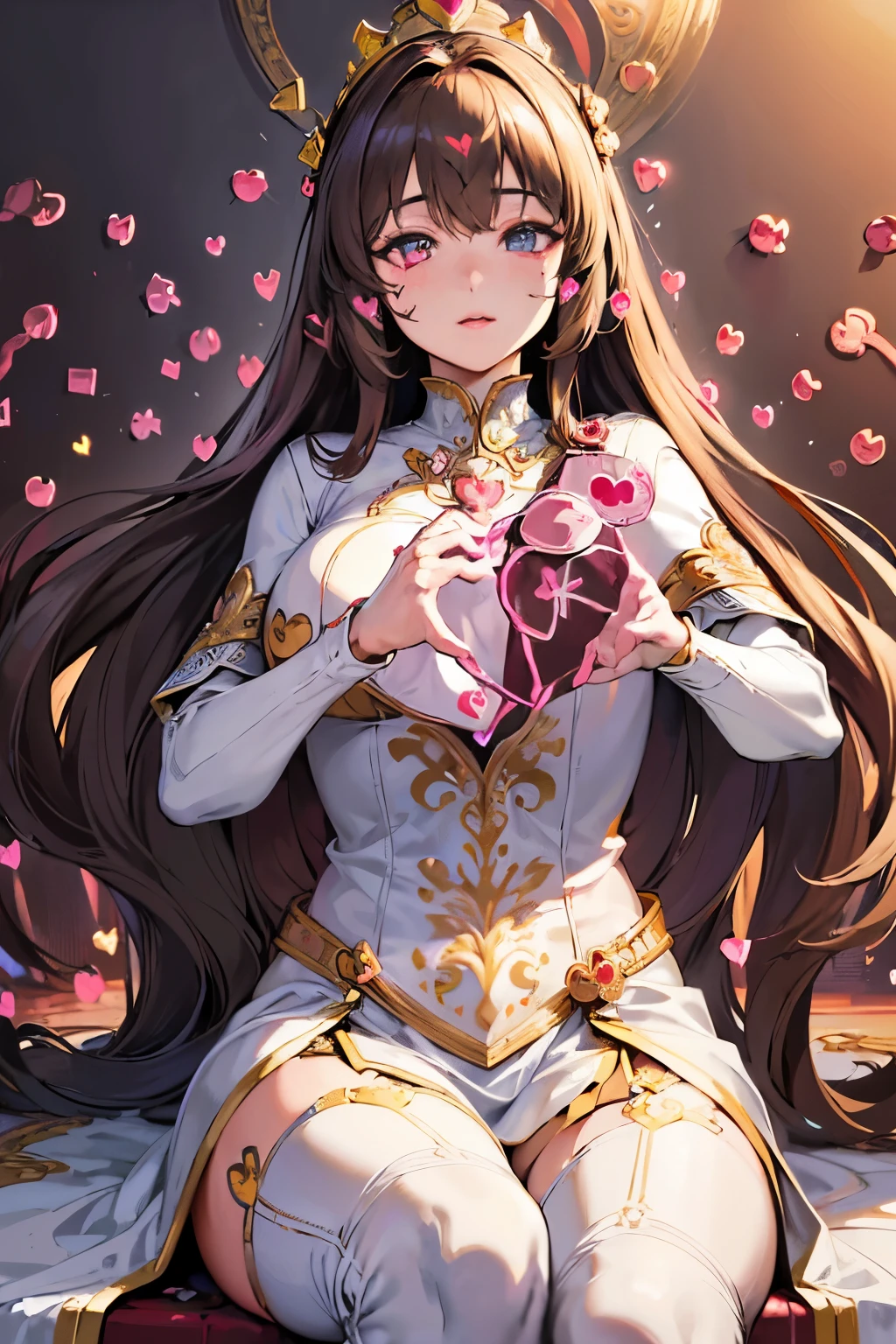 (best quality,4k,8k,highres,masterpiece:1.2), ultra-detailed, (realistic,photorealistic,photo-realistic:1.37), mature female, light brown hair, beautiful detailed lips, throne, (heartbeat:1.9), (heart mark:1.9), elegant dress, confident posture, soft lighting, regal atmosphere, subtle smile, intricate details, vibrant colors, classic portrait style, captivating expression, peaceful background, gentle breeze, majestic aura, tranquil ambiance, radiant energy, ethereal beauty, soulful eyes, enchanting presence, timeless charm, graceful movements, refined features, captivating gaze, delicate facial features, emotional depth, regal presence, aura of power and authority, intricate patterns, elegant embellishments, polished composition, crown, confident and strong personality, air of elegance and sophistication, stunning realism, (heart symbol:1.9), mesmerizing artwork, captivating beauty, expressive eyes, noble demeanor, serene atmosphere, mesmerizing beauty, (heart-shaped motif:1.9), mesmerizing gaze, royal lineage, alluring charm, breathtaking presence