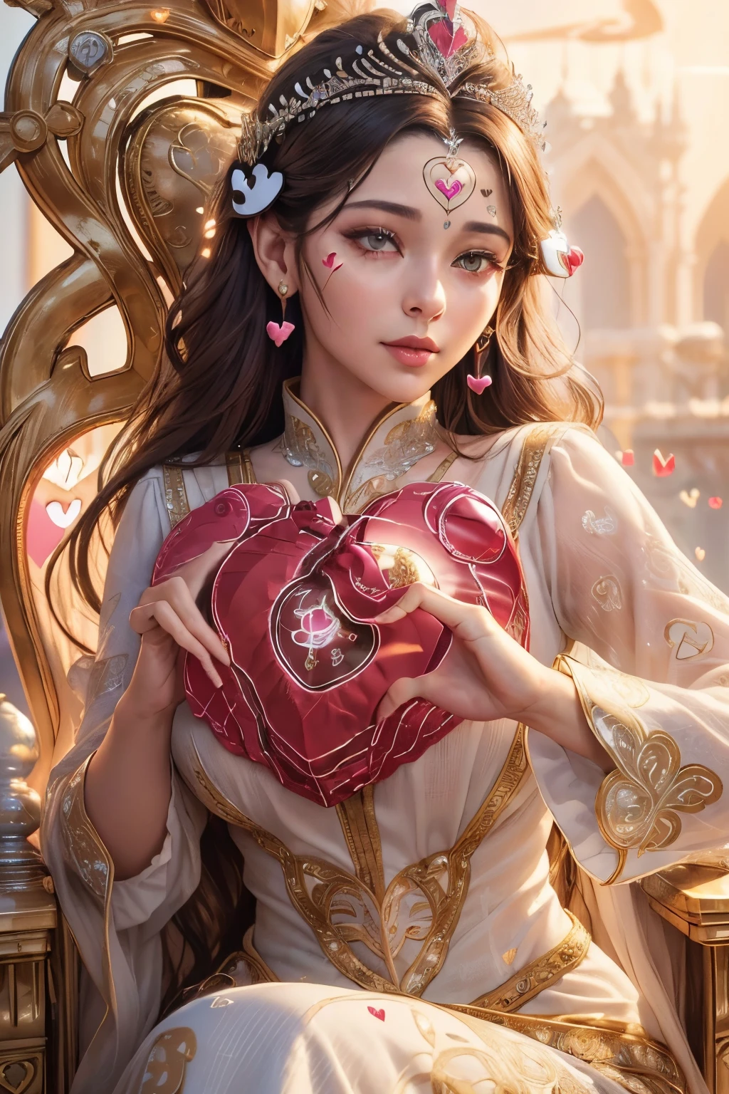 (best quality,4k,8k,highres,masterpiece:1.2), ultra-detailed, (realistic,photorealistic,photo-realistic:1.37), mature female, light brown hair, beautiful detailed lips, throne, (heartbeat:1.9), (heart mark:1.9), elegant dress, confident posture, soft lighting, regal atmosphere, subtle smile, intricate details, vibrant colors, classic portrait style, captivating expression, peaceful background, gentle breeze, majestic aura, tranquil ambiance, radiant energy, ethereal beauty, soulful eyes, enchanting presence, timeless charm, graceful movements, refined features, captivating gaze, delicate facial features, emotional depth, regal presence, aura of power and authority, intricate patterns, elegant embellishments, polished composition, crown, confident and strong personality, air of elegance and sophistication, stunning realism, (heart symbol:1.9), mesmerizing artwork, captivating beauty, expressive eyes, noble demeanor, serene atmosphere, mesmerizing beauty, (heart-shaped motif:1.9), mesmerizing gaze, royal lineage, alluring charm, breathtaking presence