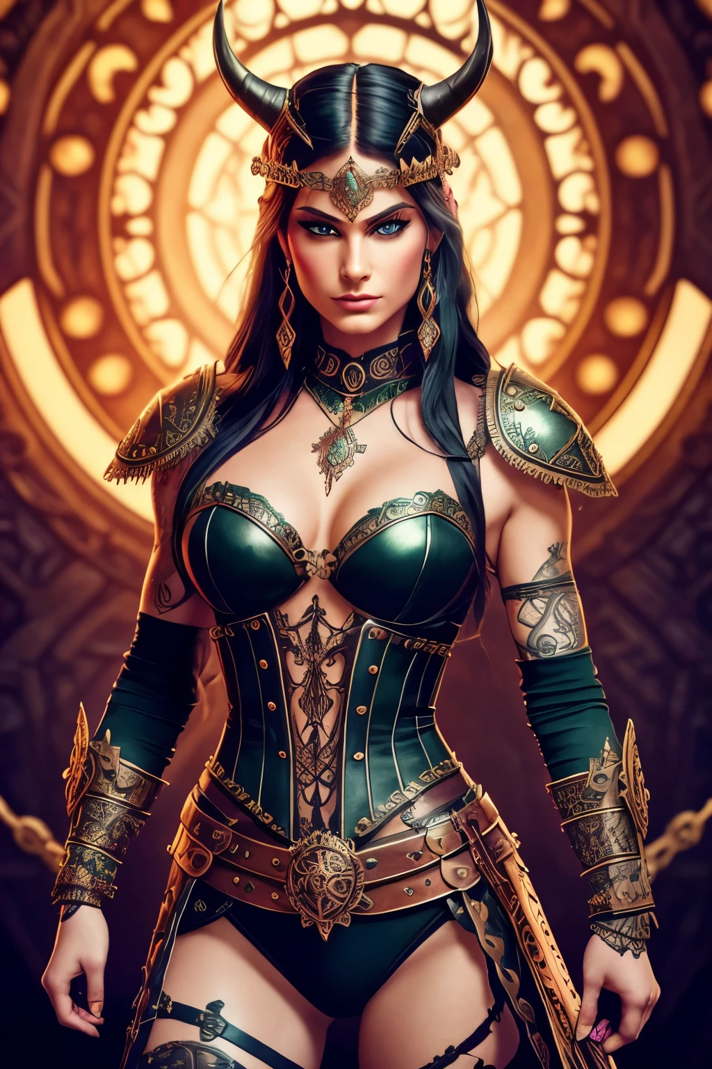 In the heart of a mystical realm, a fearsome Viking warrior woman is depicted, iterated from the steampunk imagination. Dickened in intricate details, her armored body is accentuated by the shimmering sheen of brass and copper, adorned wit? intricate gears and cogs that whirr with the flow of time. Her piercing emerald eyes, framed by the striking contrast of her black tattoos, exude an enigmatic allure. A splash of vibrant red adorns her chest, an emblem of her fierce Viking heritage.

Her face, the epitome of the finest craftsmanship, is a masterpiece of its own