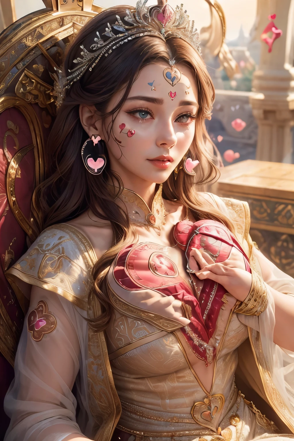 (best quality,4k,8k,highres,masterpiece:1.2), ultra-detailed, (realistic,photorealistic,photo-realistic:1.37), mature female, light brown hair, beautiful detailed lips, throne, (heartbeat:1.9), (heart mark:1.9), elegant dress, confident posture, soft lighting, regal atmosphere, subtle smile, intricate details, vibrant colors, classic portrait style, captivating expression, peaceful background, gentle breeze, majestic aura, tranquil ambiance, radiant energy, ethereal beauty, soulful eyes, enchanting presence, timeless charm, graceful movements, refined features, captivating gaze, delicate facial features, emotional depth, regal presence, aura of power and authority, intricate patterns, elegant embellishments, polished composition, crown, confident and strong personality, air of elegance and sophistication, stunning realism, (heart symbol:1.9), mesmerizing artwork, captivating beauty, expressive eyes, noble demeanor, serene atmosphere, mesmerizing beauty, (heart-shaped motif:1.9), mesmerizing gaze, royal lineage, alluring charm, breathtaking presence